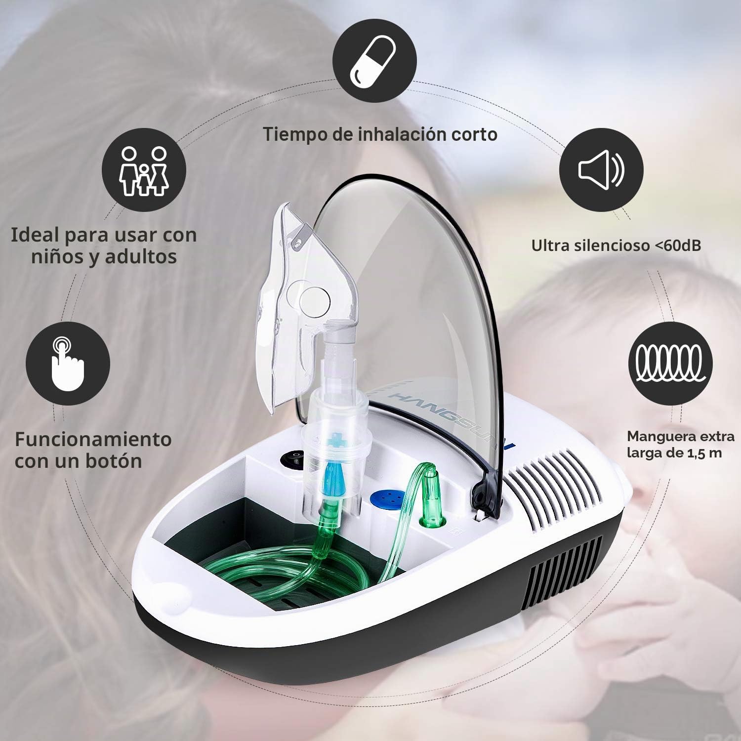Hangsun Inhalador Nebulizador Electrico CN680 Compresor Bebe Adulto Para Inhalación De Medicamentos Líquidos