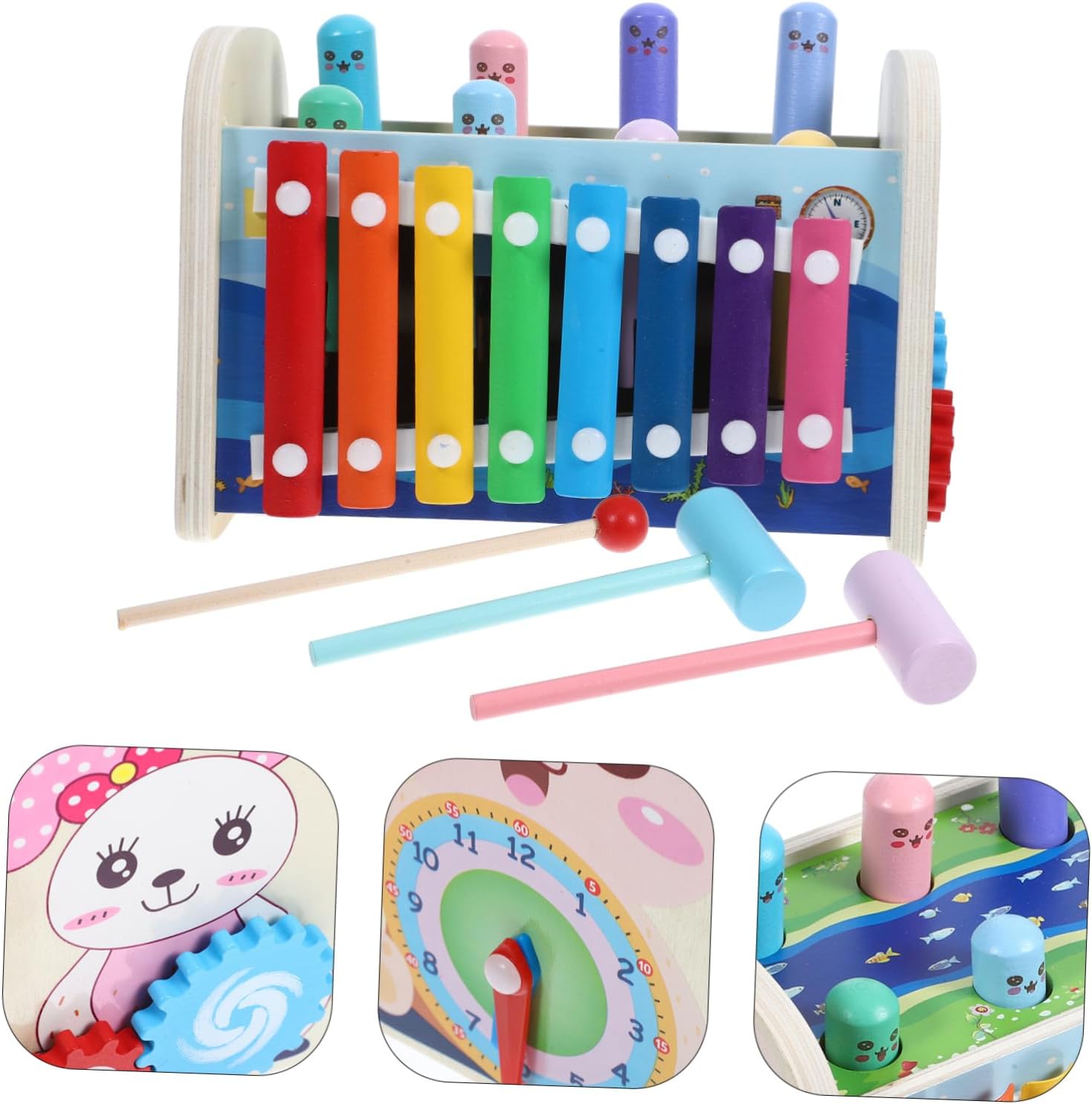 1Set Montessori Busy Board with Hammer and Xylophone Wooden Activity Cube for Fine Motor Skill Development Safe and Educational Plaything