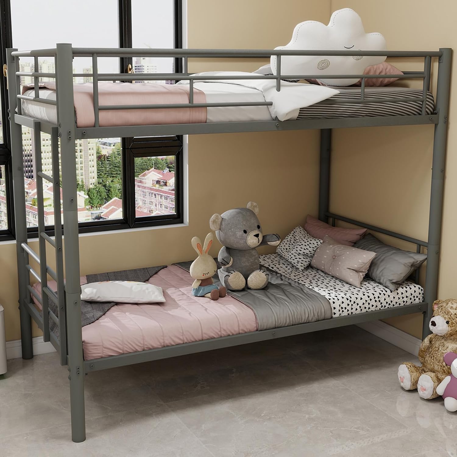 Anwick Twin Over Twin Bunk Bed,Heavy Duty Metal Bunk Bed Frame for Boys Girls Teens Adults,2 Side Ladder,Guardrail,Space-Saving,No Box Spring Needed (Black 1, Twin Over Twin)