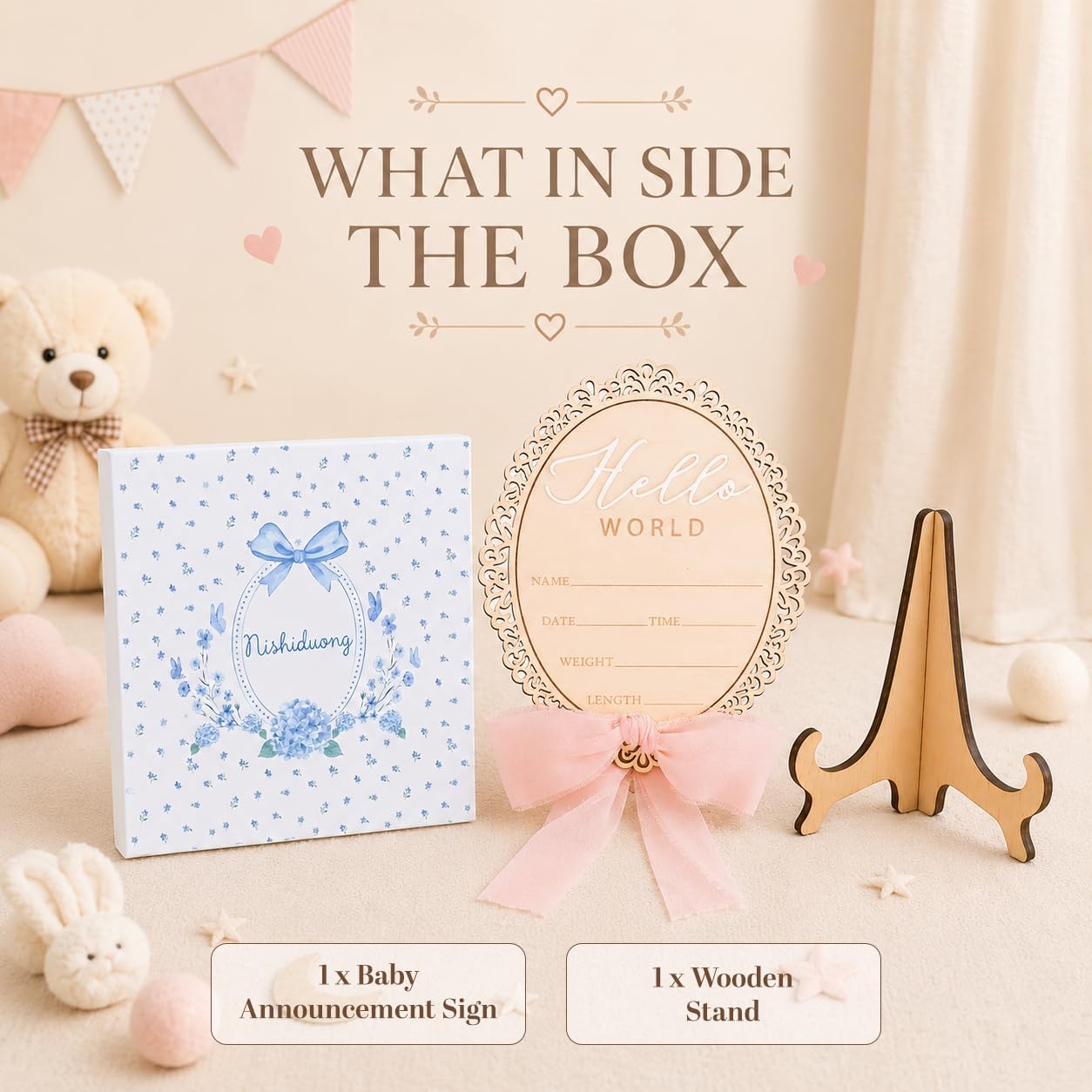 Wooden Baby Announcement Sign, Hello World Newborn Plaque, Hospital Reveal Photo Prop, Nursery Decoration (Bow D32)