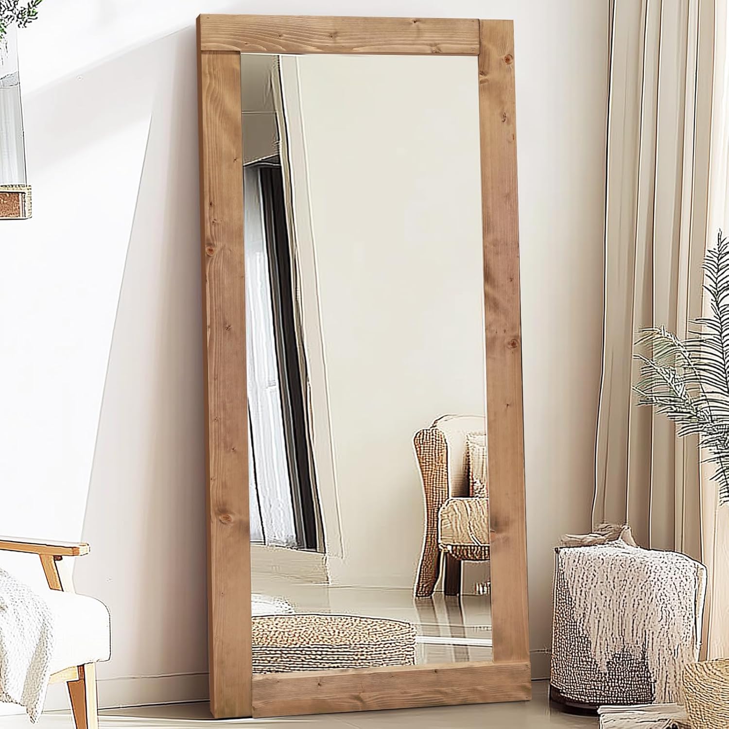 Full Length Mirror 71"x32" – Solid Wood Frame, HD Tempered Glass, Wall Mounted & Leaning, Rustic Modern Decor for Bedroom, Living Room, Entryway, Light Brown
