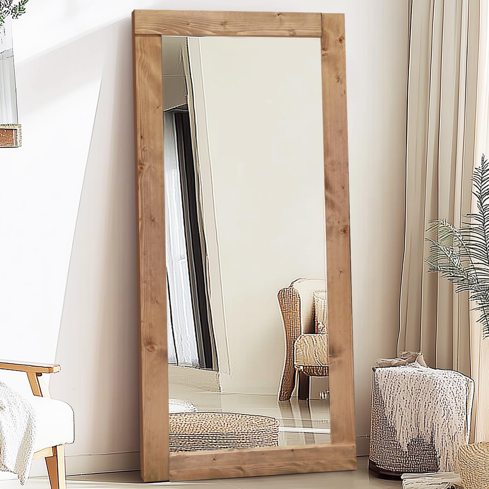71x32in Full Length Mirror, Solid Wood Convex Frame, Light Brown