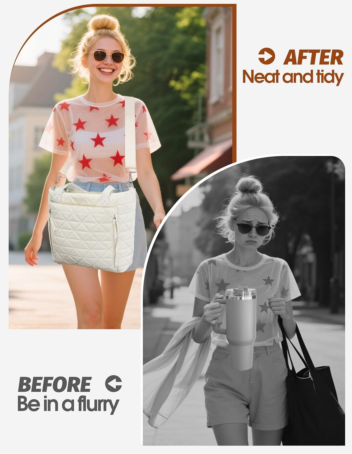 Puffer Tote Bag Compatible with Stanley Cup, Carry On Quilted Bag Work College Travel Handbags Gifts for Women - Image 2