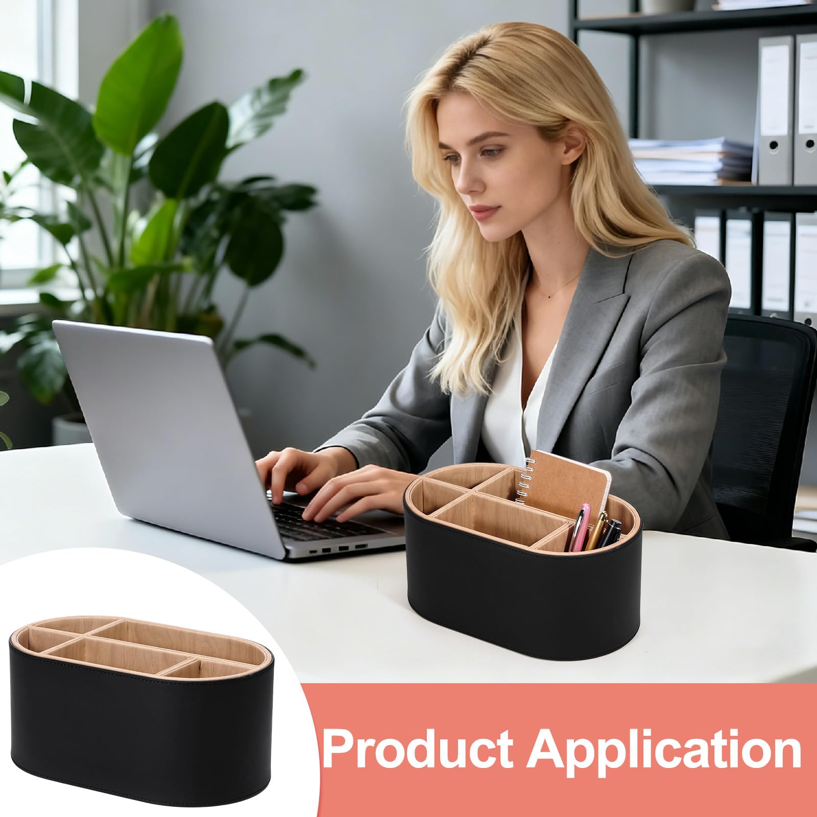Organizer da scrivania ovale in pelle PU, con scomparti multipli, organizer per accessori, per telecomandi, penne, pennelli da trucco, ufficio, casa, scuola (nero)
