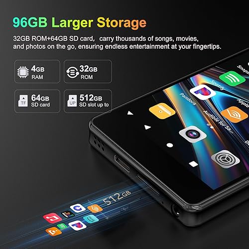 Miniatura 7 de Reproductor MP3 de 96 GB con Bluetooth y cámara, Android 13 MP3 MP4 reproductores con pantalla táctil de 4 pulgadas y altavoz, 4 GB de RAM y 32 GB