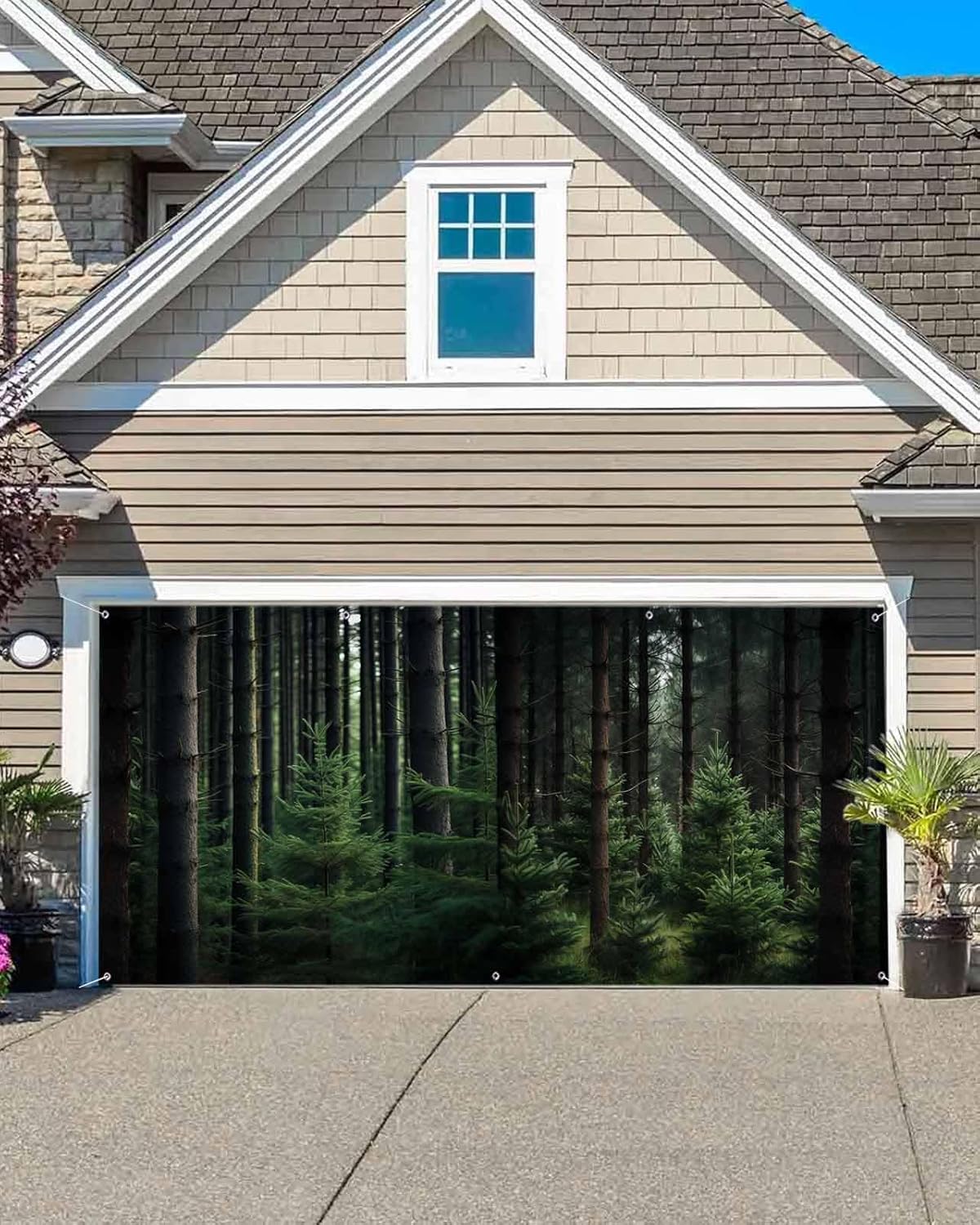 Washable Modern Garage Door Decorations Reusable Hanging Garage Door Banner Cover Summer Forests Pine Trees Green Garage Backdrop for Indoor Outdoor Decor, 84x192 Inch