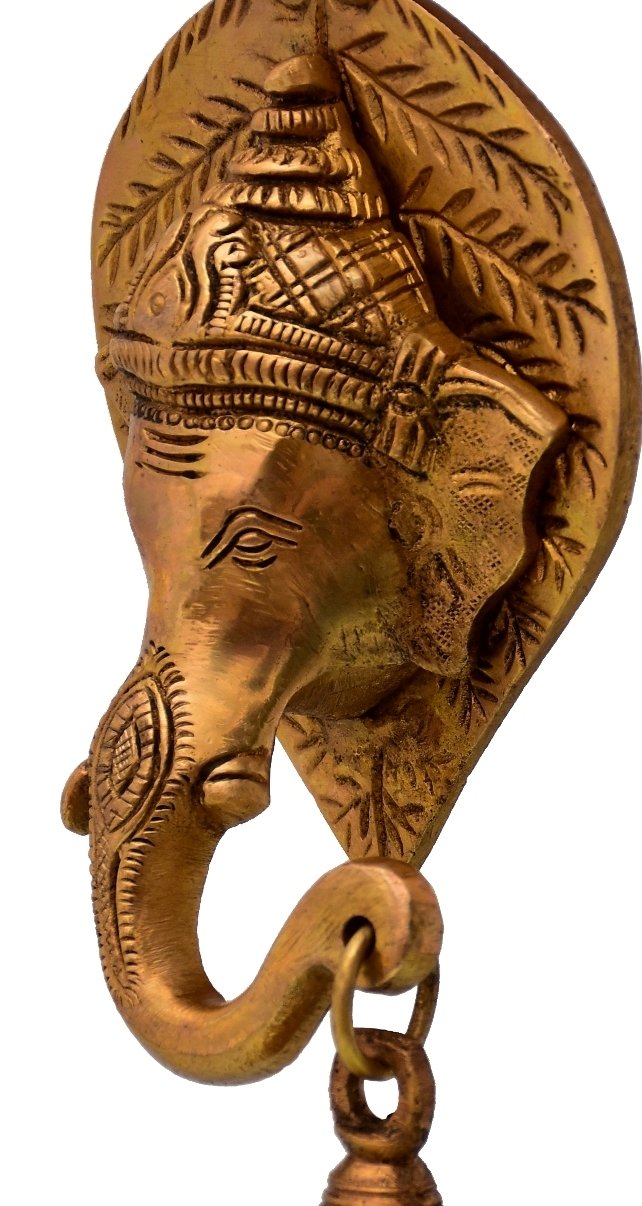 Purpledip Brass Antique finish Ganesha Head with Bell Wall hanging (10768B) 2