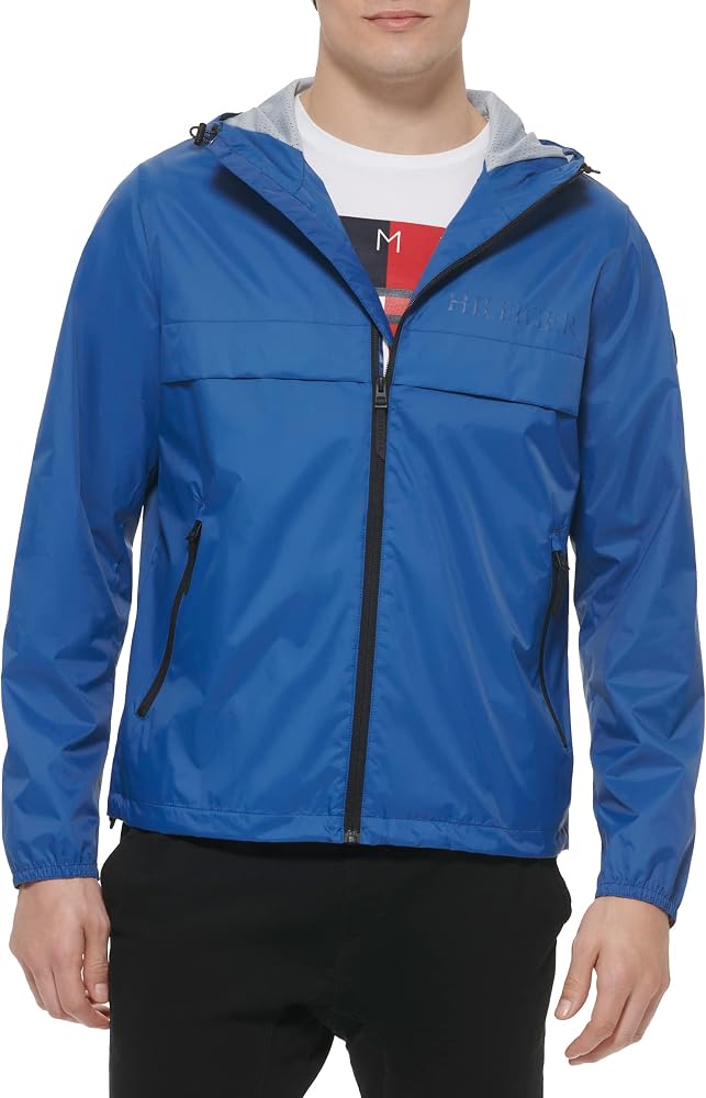 Tommy Hilfiger Men's Simple Hooded Rain Jacket, Blue, X-Large at