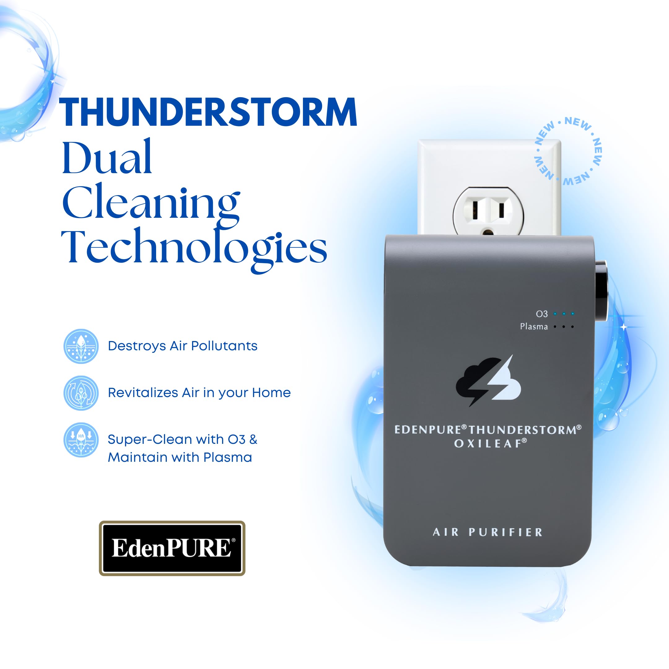 EdenPURE Thunderstorm III Purificatore d'aria - Piccolo generatore di ozono plug-in e ionizzatore - elimina odori, odori di animali domestici, fumo, muffa - Pulitore portatile senza filtri per casa