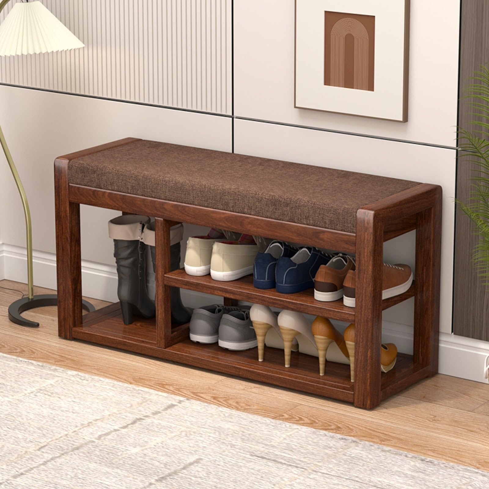 Étagère à chaussures en bois massif 80 cm avec coussin d'assise pour entrée et chambre