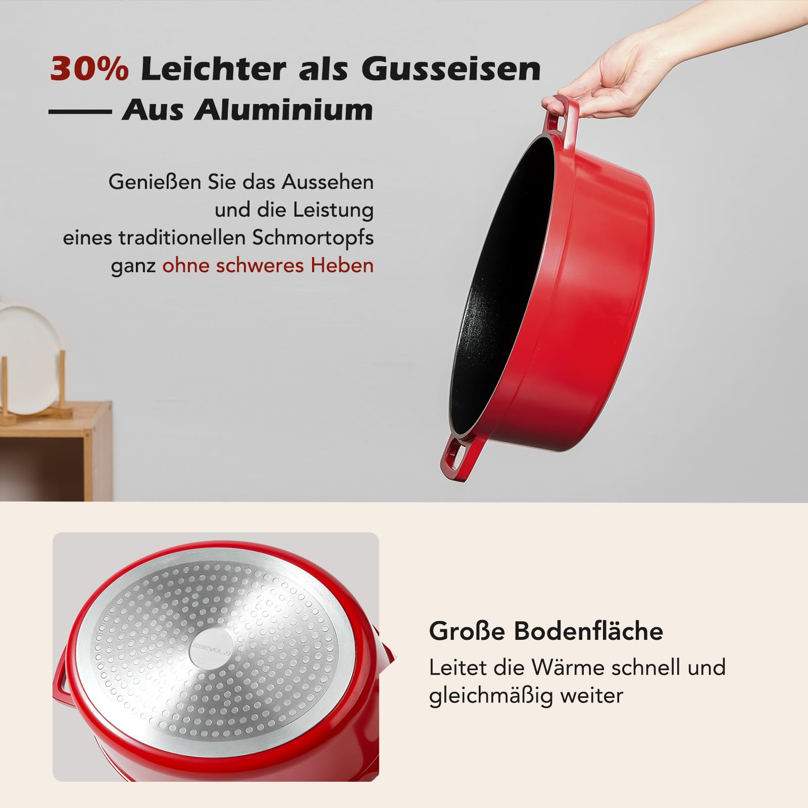 Bräter Oval mit Deckel groß Schmortopf Induktion 38 cm 11 L Brot Backen Dutch Oven Stil, leichter als Gusseisen Topf, Aluguss mit Keramik-antihaftbeschichtung, für Schmoren Braten, Rot