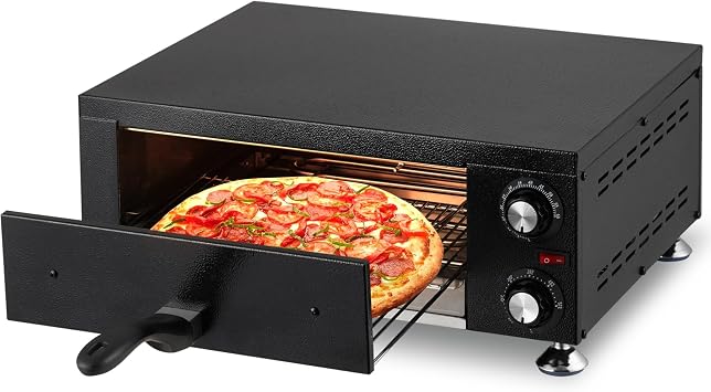 12" Indoor Pizza Oven - Countertop Electric Pizza Maker Machine with Stainless Steel Body & Crumb Tray - Single Deck Design for Restaurants, Food Trucks & Home Kitchens, Black
