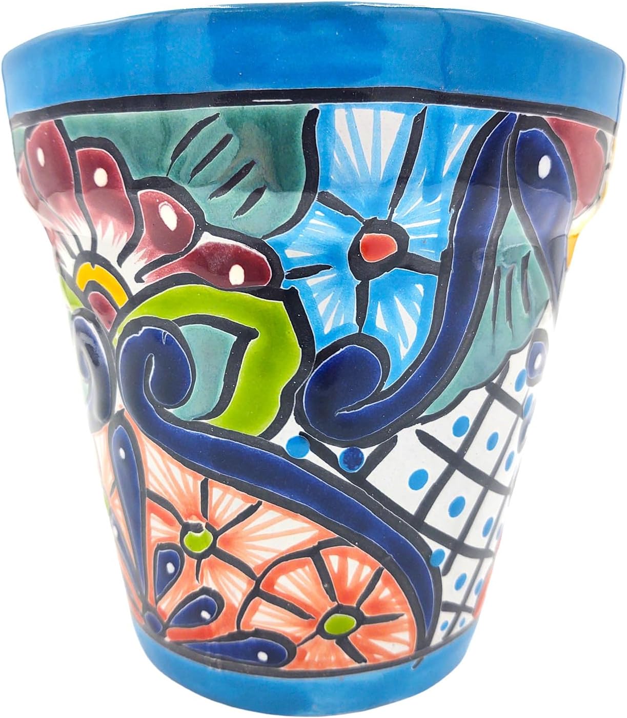 Cactus Canyon Ceramics MACETA RANCHERA #20 Mexican Talavera Planter Pot (7.75" W x 7.75" L x 8" H) Hand Painted - Light Blue Trim - Mexican Decor Planter