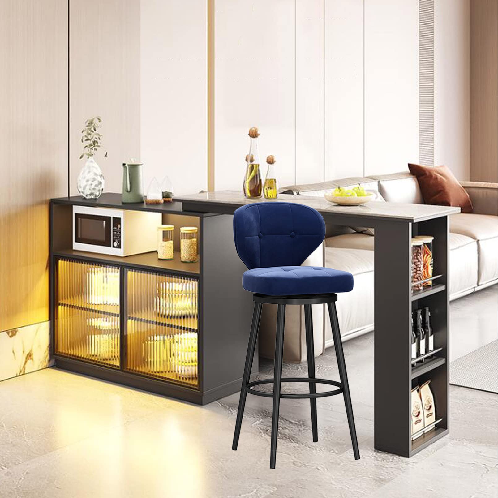 LUUYYI Set di 4 sgabelli da bar girevoli moderni in velluto con schienale basso verde, sedie da cucina a isola per colazione a casa, eleganti gambe in metallo nero incluse (blu, 1 pezzo)