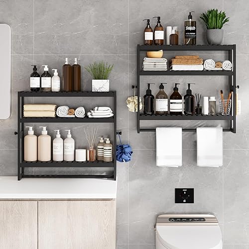 Miniatura 5 de RRX Organizador de almacenamiento de estante de baño, estante de baño, organizador de bambú de 3 niveles ajustable con barra, colgante, estante