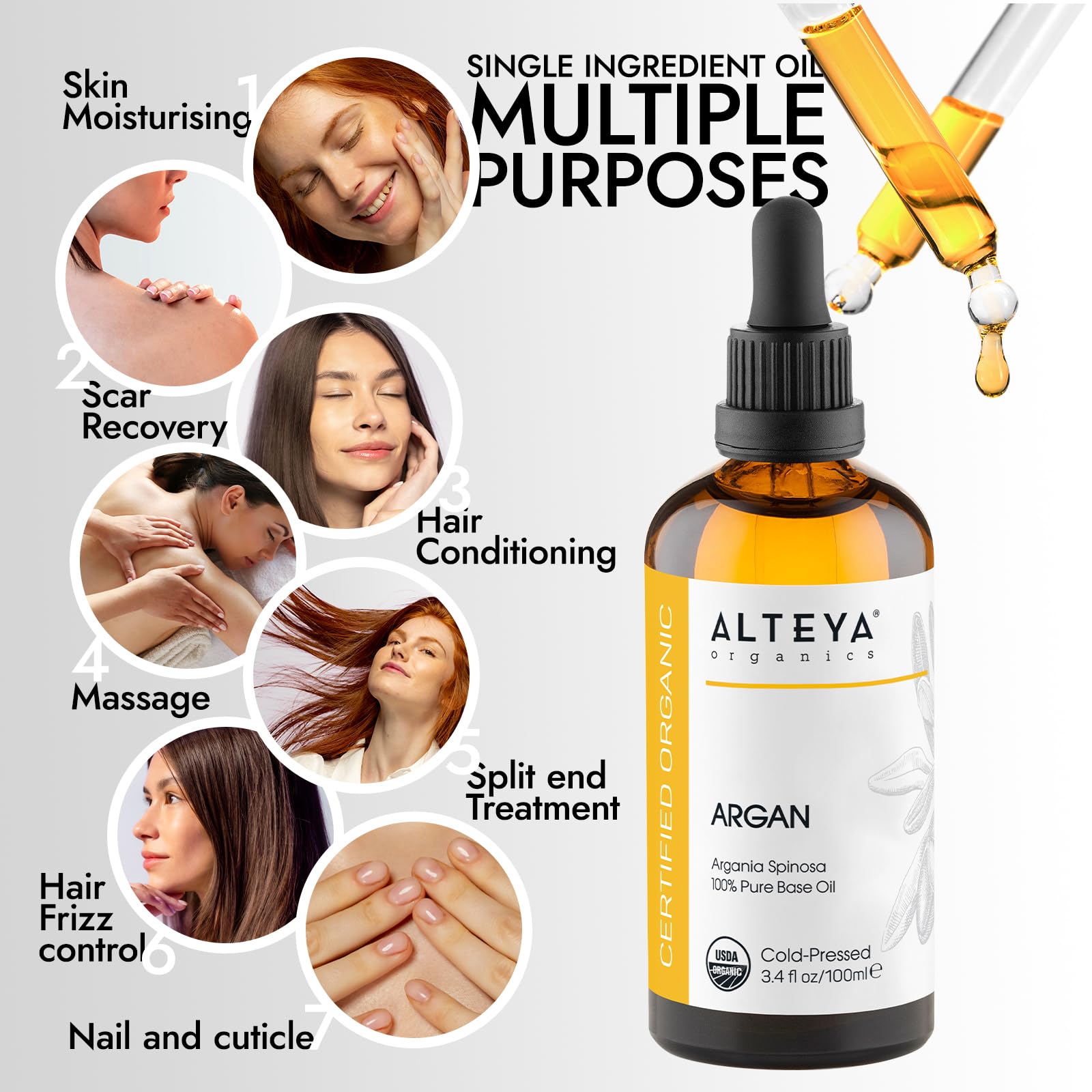 Alteya Bio Arganöl 100 ml – USDA-zertifiziert - 100% rein & kaltgepresst aus Marokko - für Haare, Haut & Nägel - lichtgeschützte Braunglasflasche mit Pipette - natürliche Premium-Hautpflege