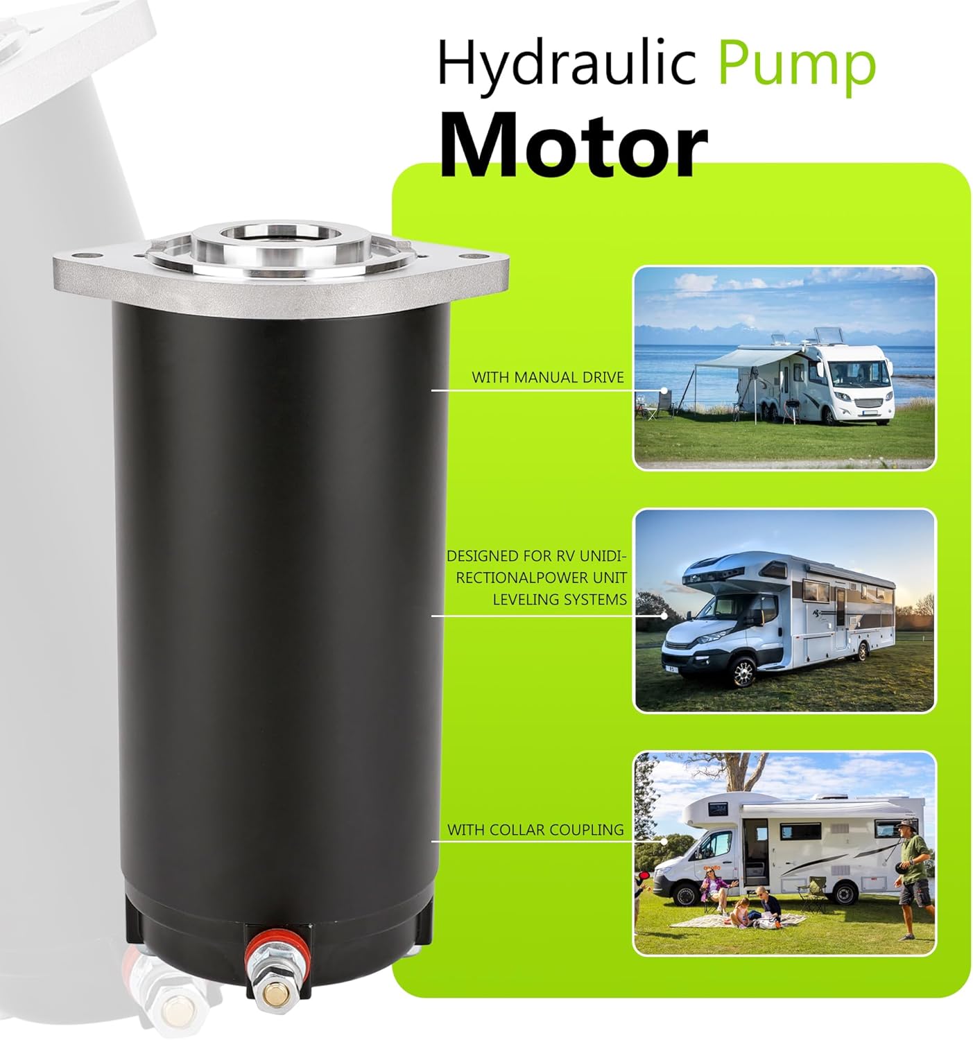 179327 414850 Hydraulic Pump Motor for RV Leveling System Kit Unidirectional Power, 7.5 Height with Manual Drive and Collar Coupling 286722, with Bracket 684-1211-212, 161394, 12V 800A