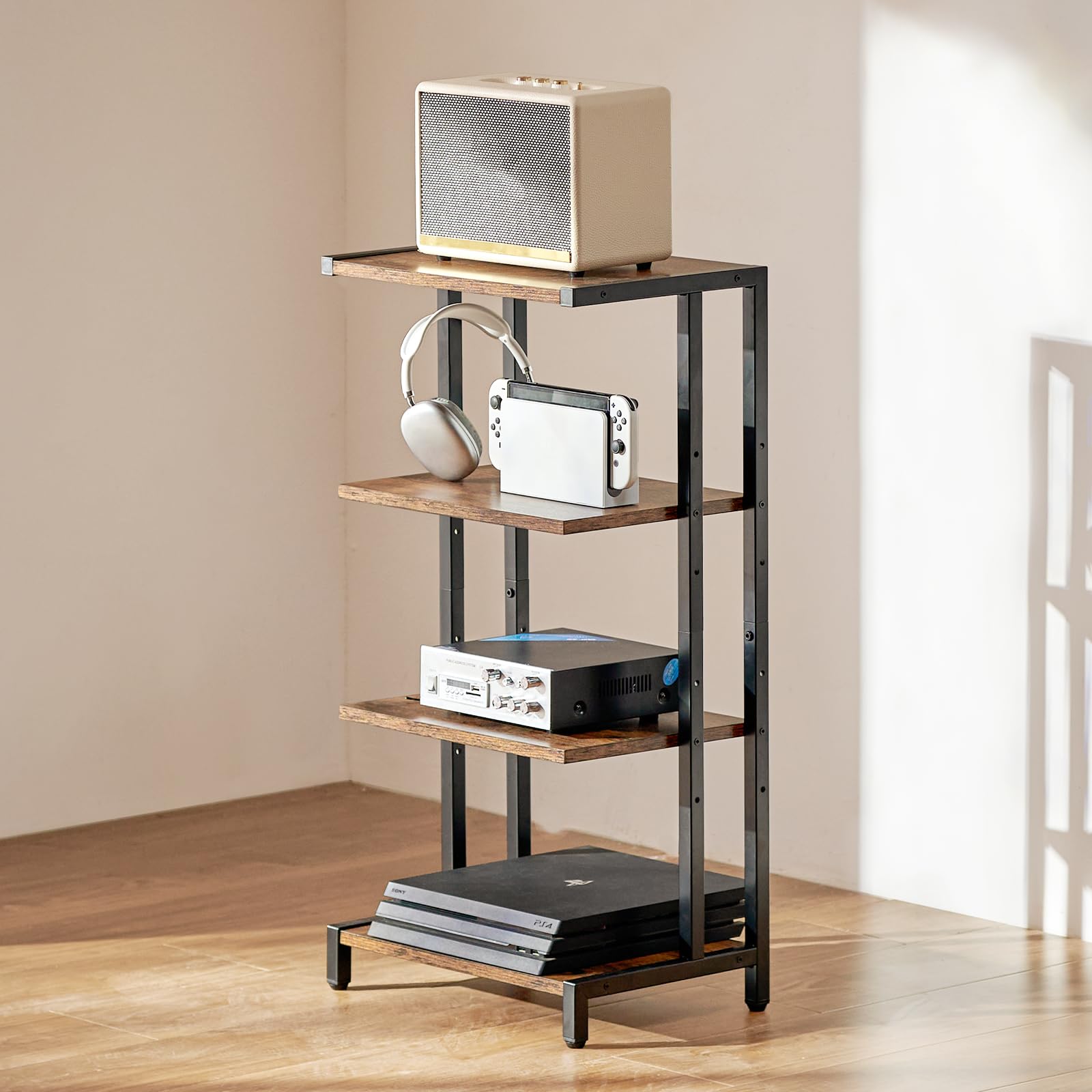 VEVOR Scaffale Portaoggetti Multimediale Altezza Regolabile 420 x 280 x 818 mm, Supporto Multimediale Audio-video 4 Ripiani in Legno per Attrezzatura Multimediale, Mobiletto Portaoggetti Marrone