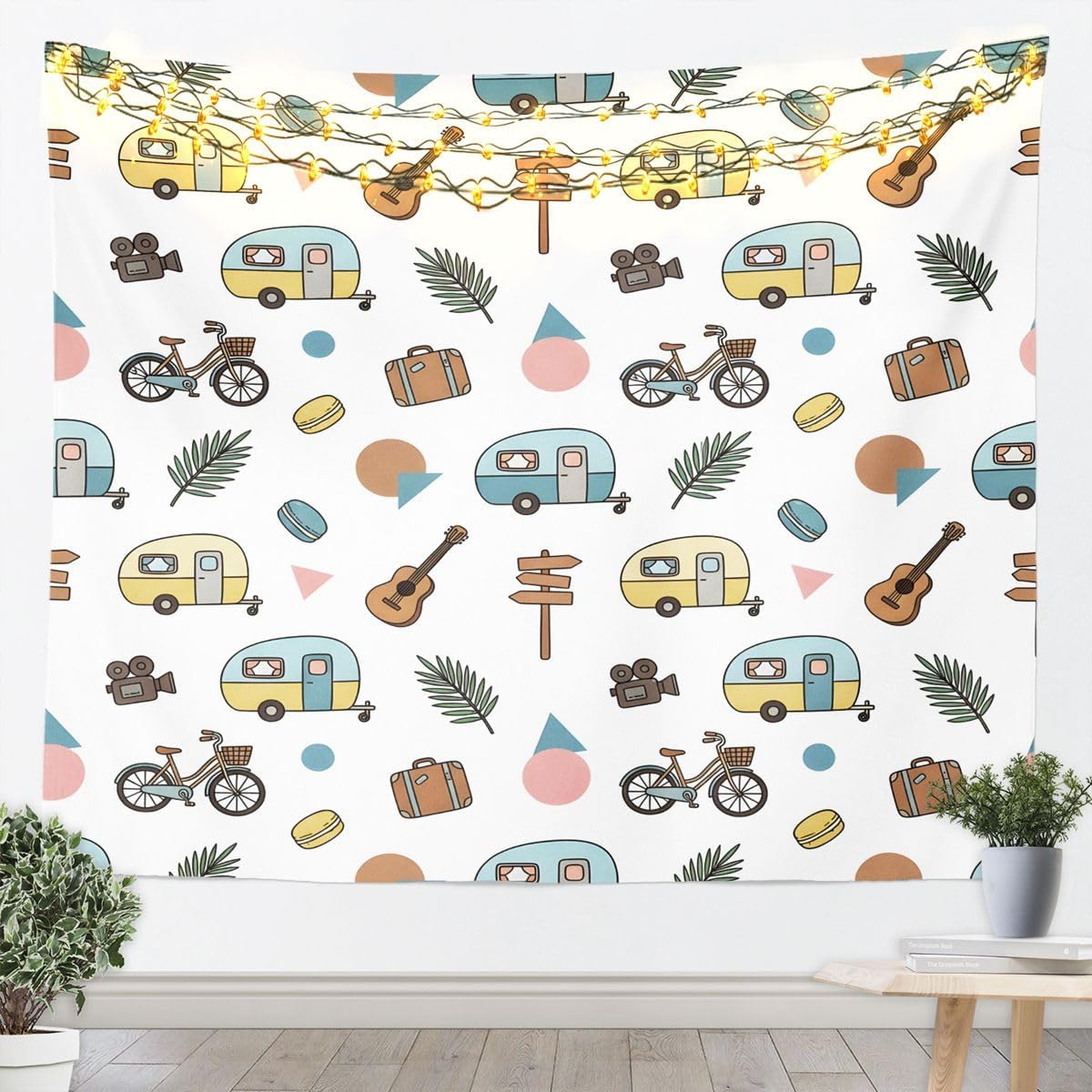 Feelyou Camper Tapestry Large 59"x82" Happy Camping Wall Hanging Blanket RV Camping Wall Art for Living Room Bedroom Decoration Camper Accessories for Travel Trailers