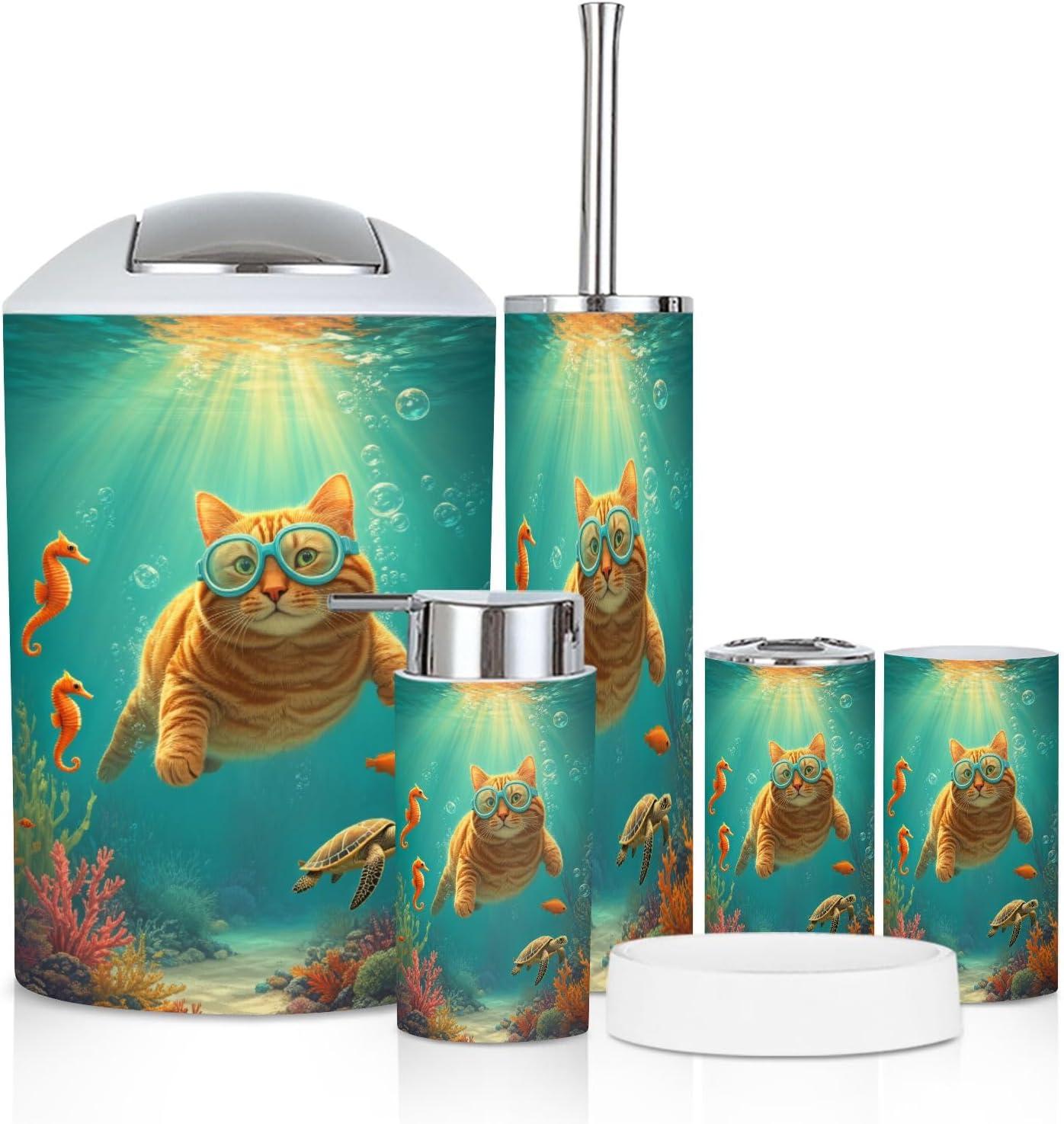 Bathroom Accessory Set 6 Piece Playful Ginger Cat Diving Goggles Swimming Ocean Turtles Trash can, Toothbrush Holder, Soap Dispenser, Soap Dish, Toothbrush Cup, Toilet Brush Holder