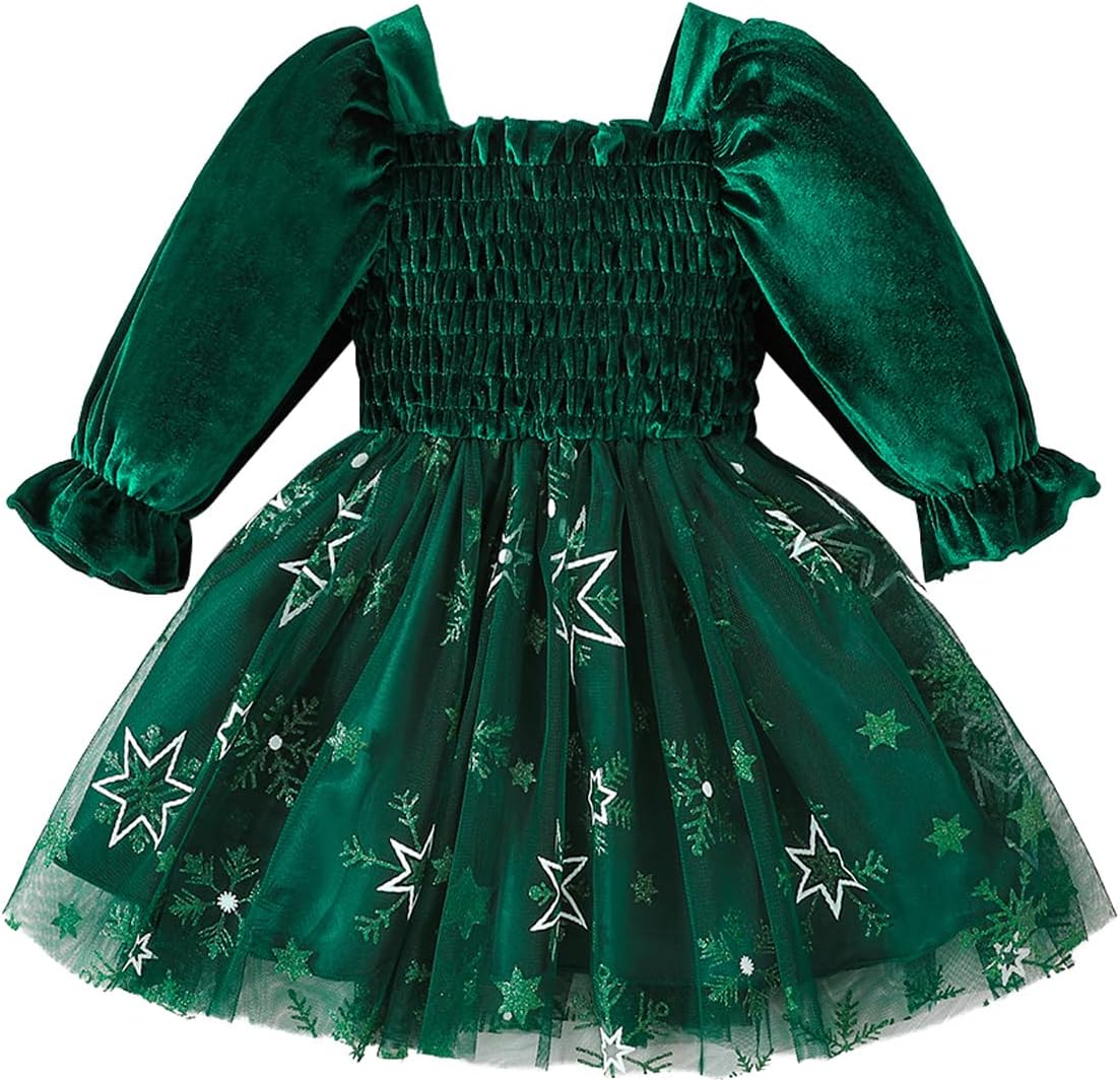 Toddler Girls Velvet Tulle Tutu Dress Baby Girls Fall Winter Long Sleeve Smocked Snowflake Christmas Birthday Party Dress