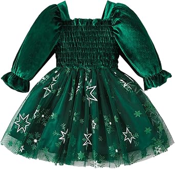 Toddler Girls Velvet Tulle Tutu Dress Baby Girls Fall Winter Long Sleeve Smocked Snowflake Christmas Birthday Party Dress