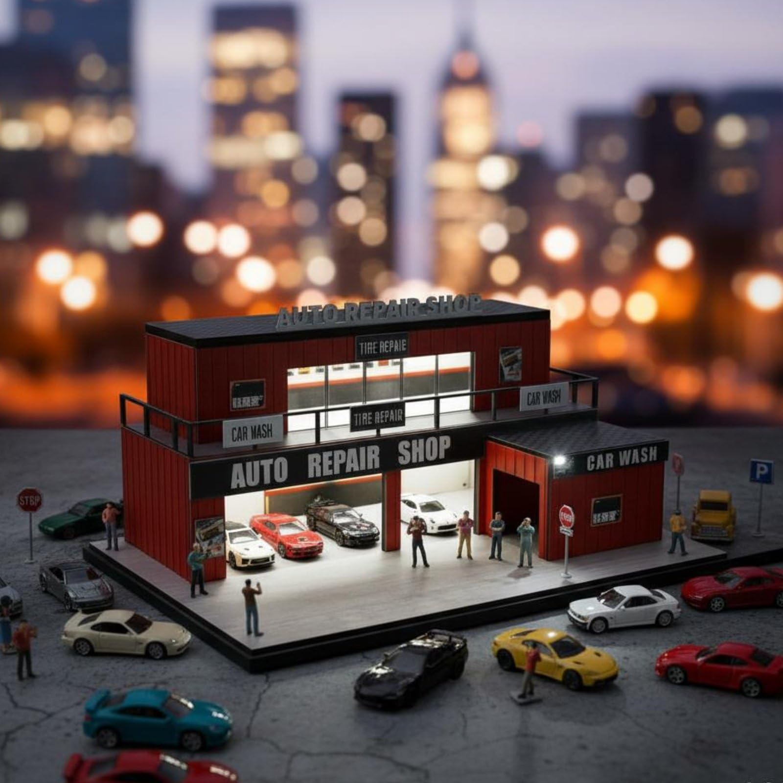 Container Garage Display Modello Garage Diorama Officina Parcheggio Miniatura Scenico con Luci Struttura Compatta a Due Livelli in Plastica Resina