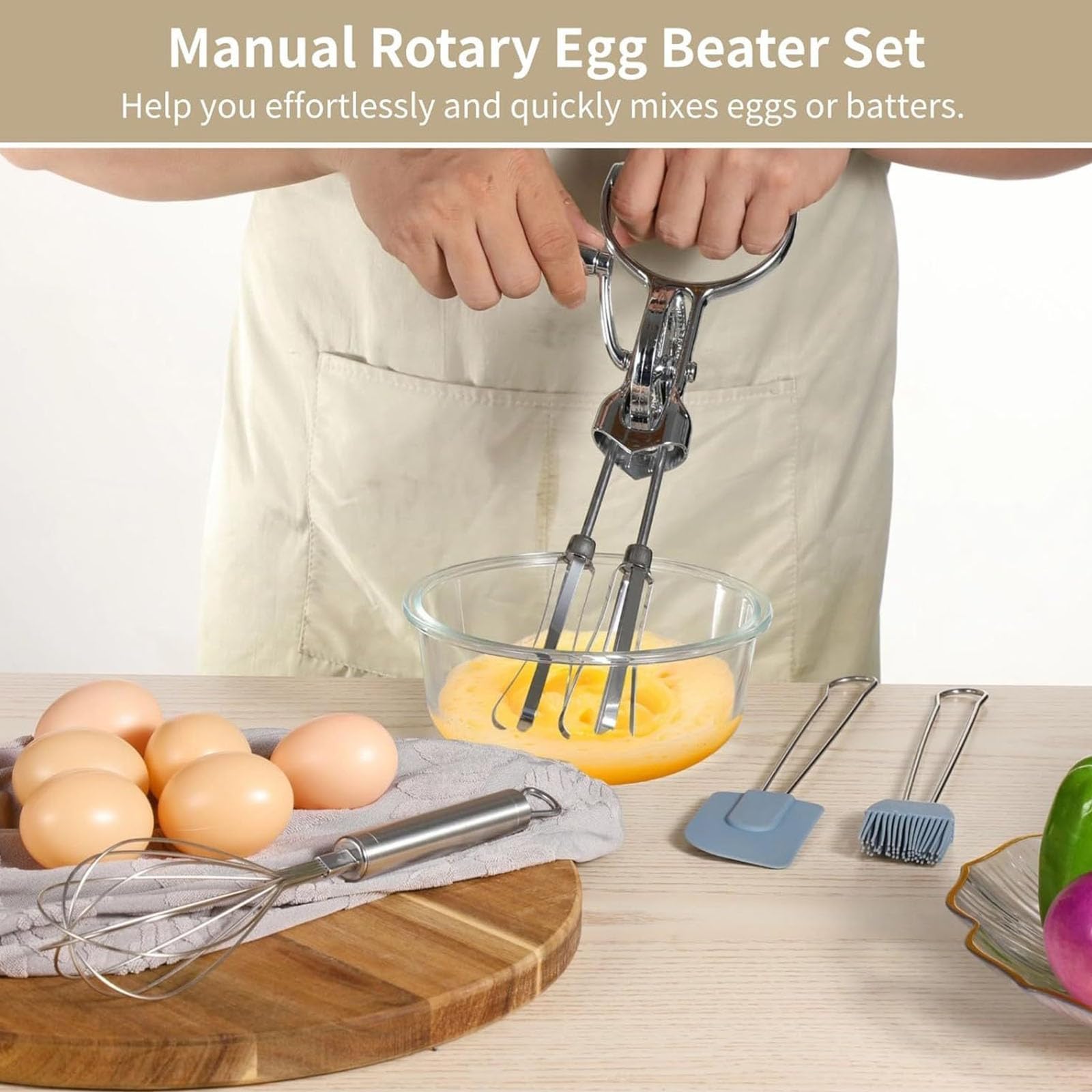Fruste per uova rotanti con testa, collezione 4, con accessori in silicone, per mescolare senza sforzo fruste in acciaio antiruggine, set da cucina essenziale