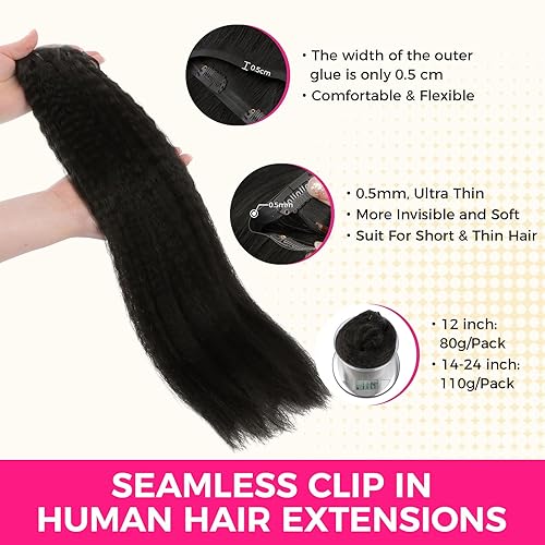 Miniatura 3 de Lashey Extensiones de cabello con clip, 100% cabello humano real, lacio, con borde Invisi, sin costuras, 3.88 oz, negro natural, 16 pulgadas, para