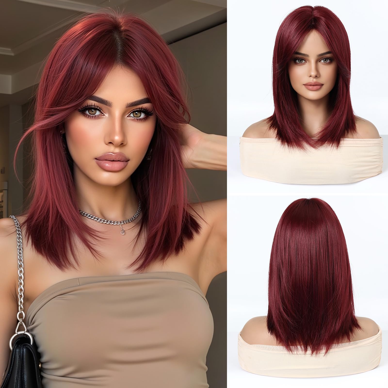 Esmee Short Straight Burgundy Bob Wigs With Curtain Bangs Shoulder Length Natural Wine Red Wig Synthetic Daily Party Cosplay Wigs for Women