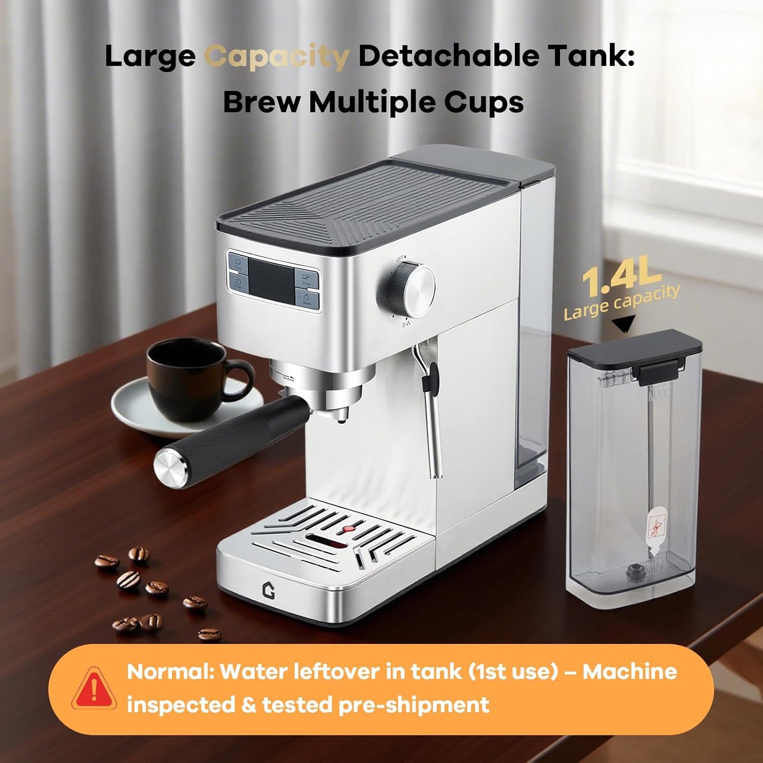 20 Bar Barista-Style Coffee Maker with Steam Frother, Professional 1350W Semi-Automatic Machine, Removable Tank, Compact Stainless Steel Brewer for Home or Office