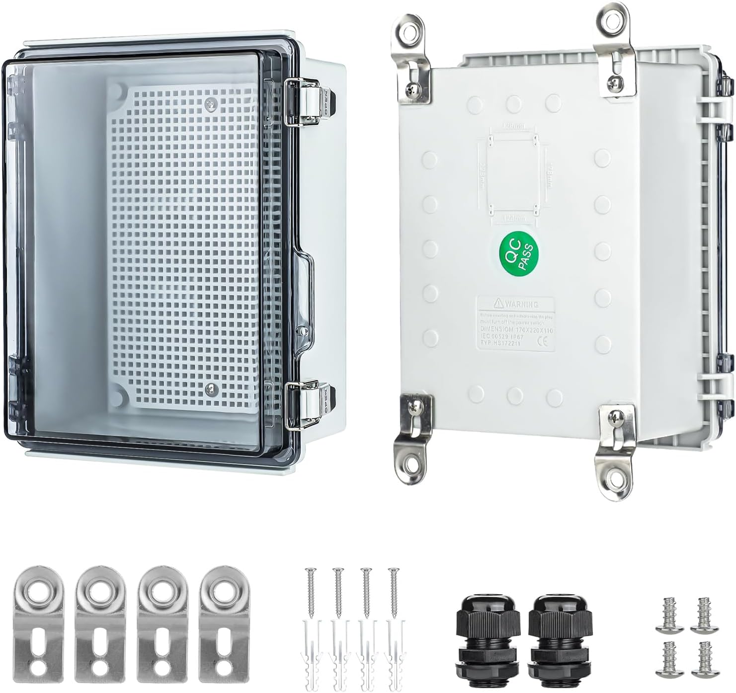 Waterproof Outdoor Project ABS Plastic Junction Box๏ผIP67 Waterproof Clear Enclosure Boxes for Outdoor Garden with Hinged Cover, Mounting Plate, Wall Brackets, Cable Glands (Clear, 5.9"x5.9"x3.5")