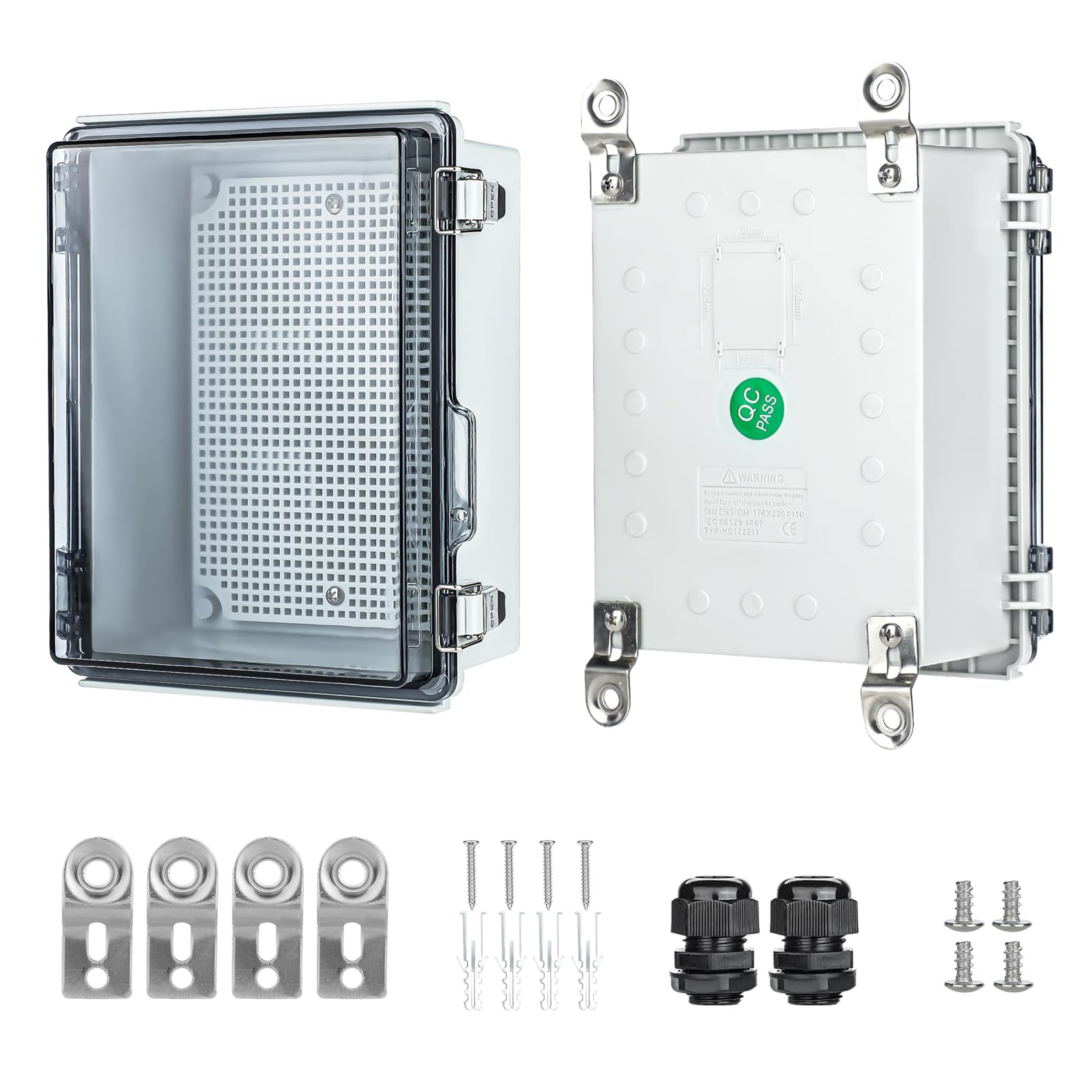 Waterproof Outdoor Project ABS Plastic Junction Box，IP67 Waterproof Clear Enclosure Boxes for Outdoor Garden with Hinged Cover, Mounting Plate, Wall Brackets, Cable Glands (Clear, 5.9"x5.9"x3.5")