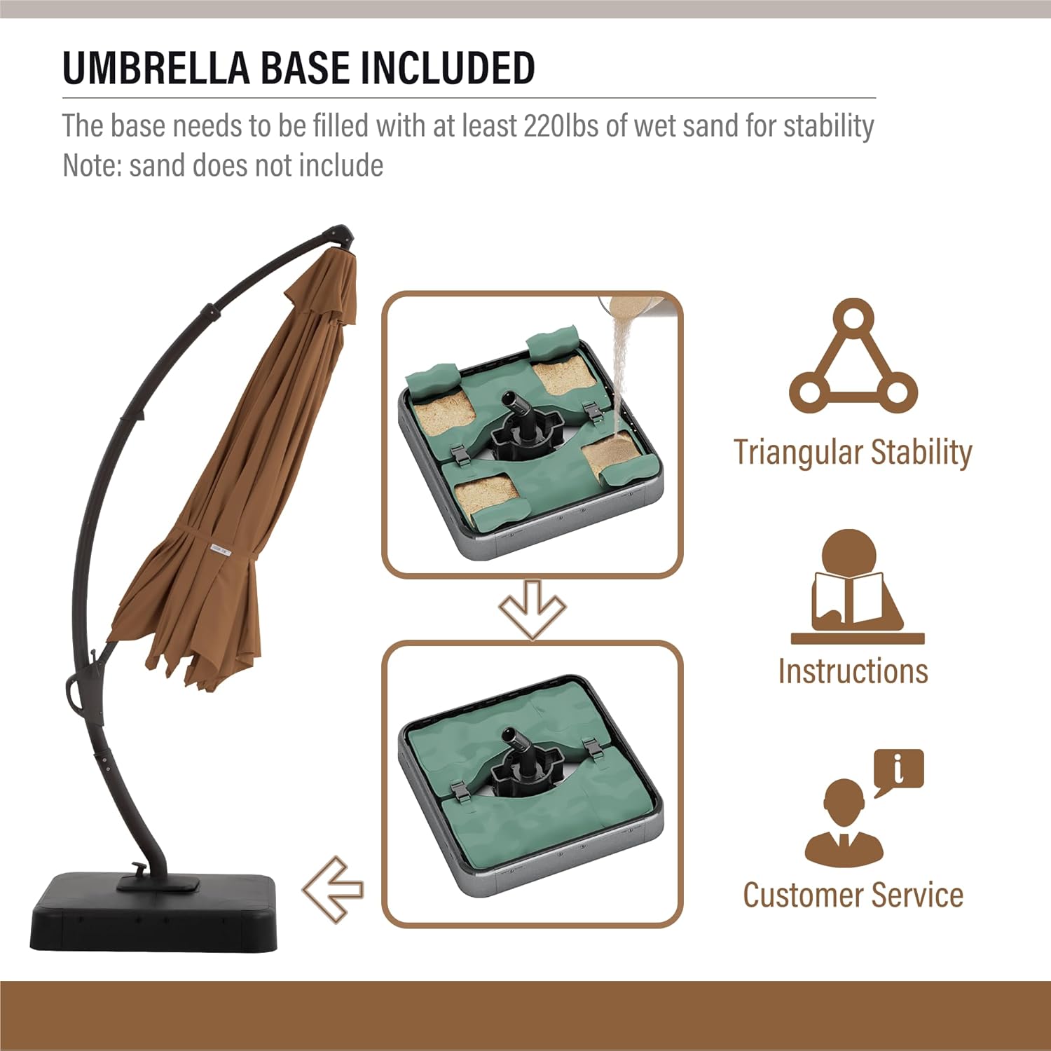 LAUSAINT HOME 11FT Cantilever Patio Umbrella with Base, 360° Rotation Offset Hanging Umbrella, Heavy Duty Curvy Outdoor Umbrella for Backyard, Poolside, Garden （Tan）