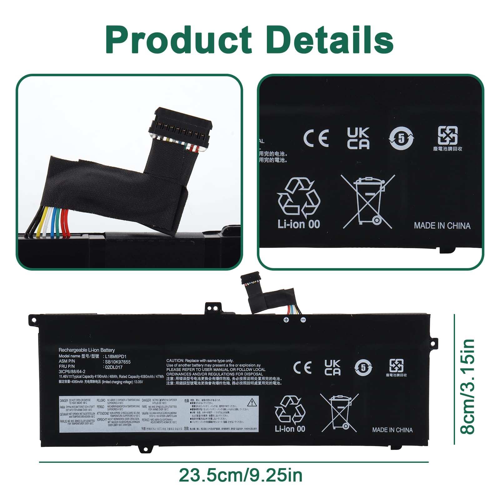 L18M6PD1 Batterie Compatible avec Lenovo ThinkPad X13 Gen 1 2020 X390 X395, L18C6PD1 L18D6PD1 L18M6PD2 02DL017 02DL018 02DL019 02DL020 SB10K97655 SB10K97656 SB10K97657 SB10K97658-48Wh 11,46V