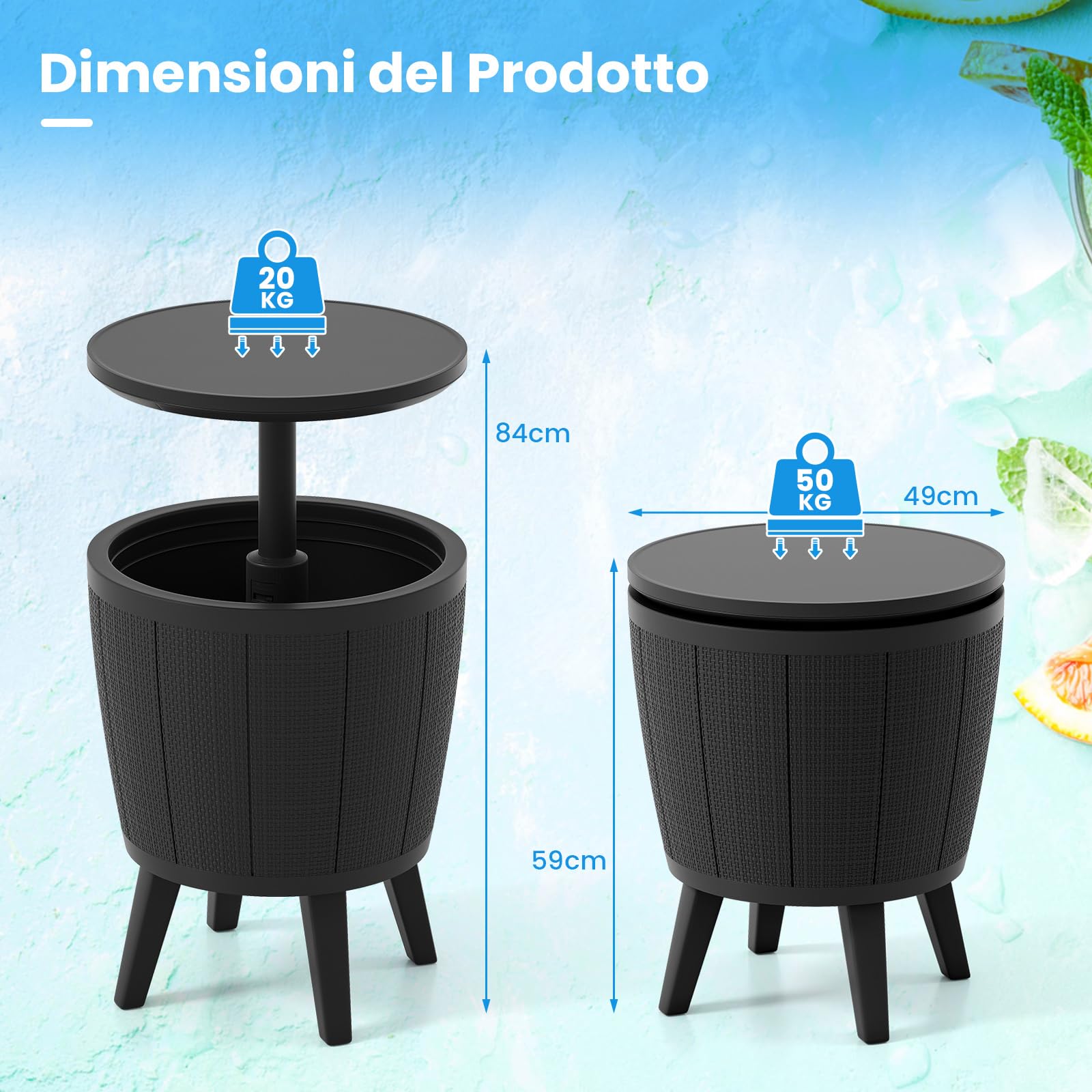 COSTWAY 2 in 1 Tavolino Frigo 38L da Esterno, Secchiello Ghiaccio Regolabile in Altezza 49 x 59-84H cm, Tavolo Bar con Tappo di Drenaggio, per Piscina, Cortile e Campeggio (Nero)
