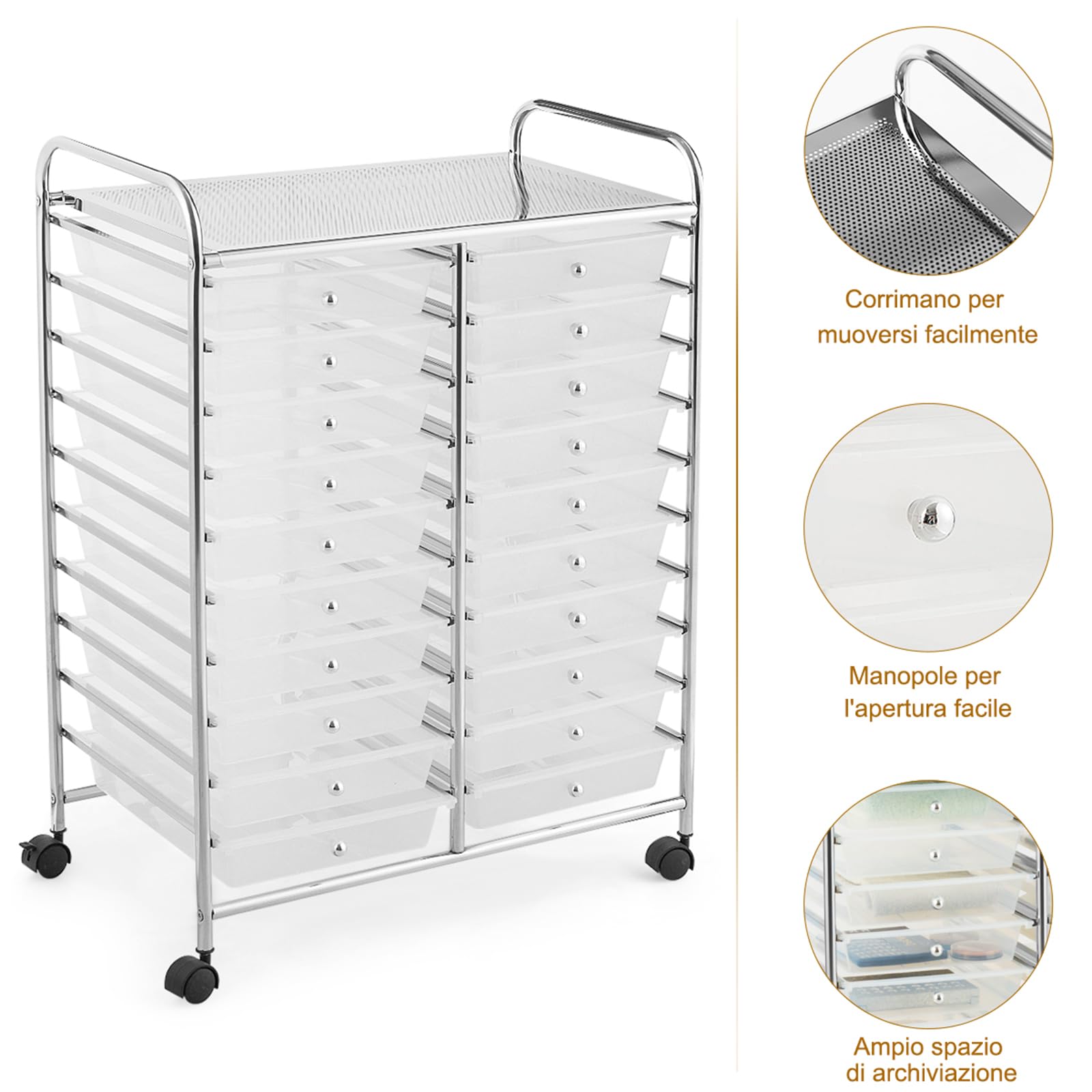 COSTWAY Carrello di Stoccaggio con 20 Cassetti, Carrello portaoggetti con 4 Ruote, Carrello Multiuso per Scuola Ufficio Cucina, 64 x 39 x 88 cm (Trasparente)