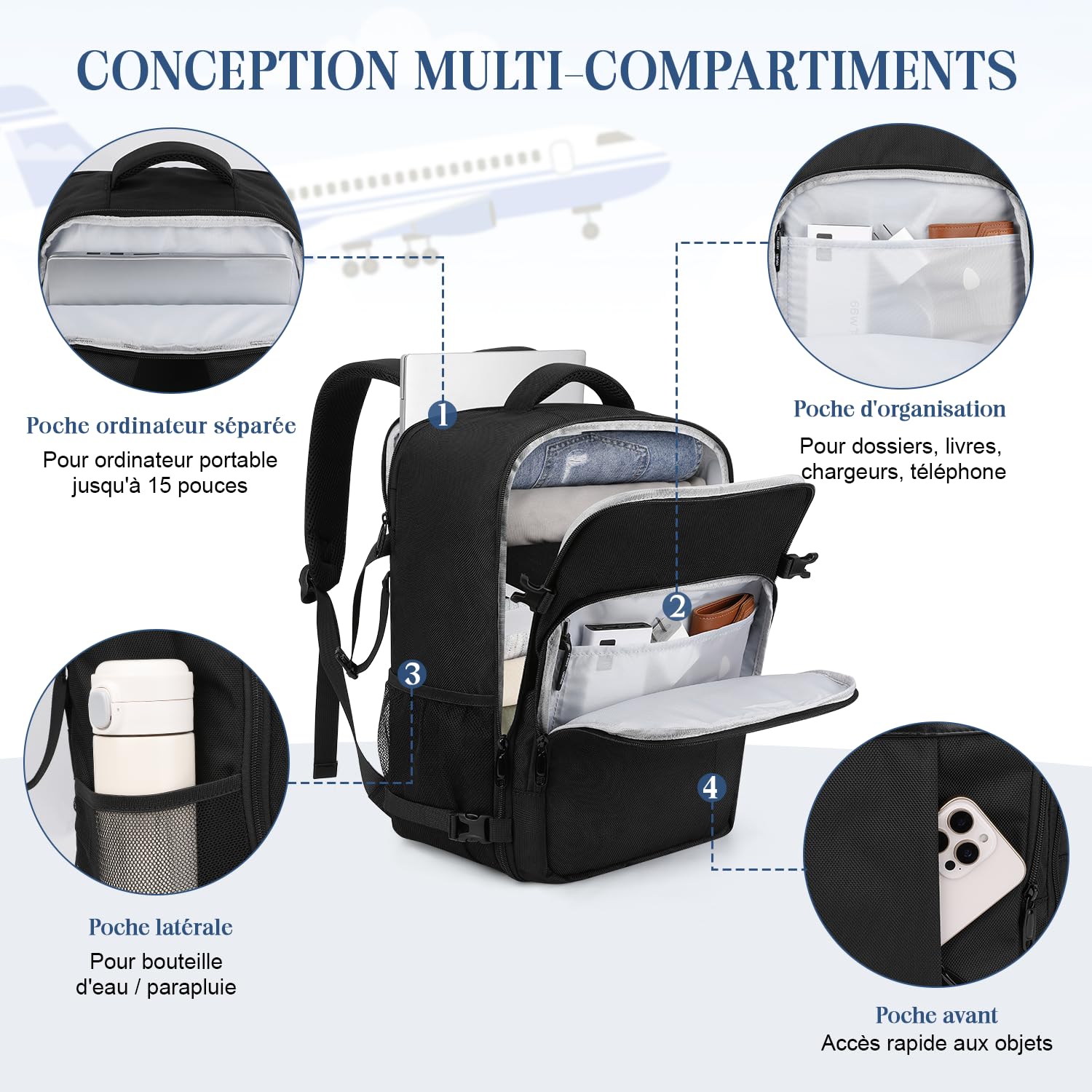 VSNOON Bagage Cabine 40x30x20, 24L Sac a Dos Voyage Cabine Avion à Main avec Poche Humides, Sac à Dos Ordinateur 15 Pouces pour Ryanair, Wizz Air, Transavia, Étanche Bagage pour Homme Femme, Noir