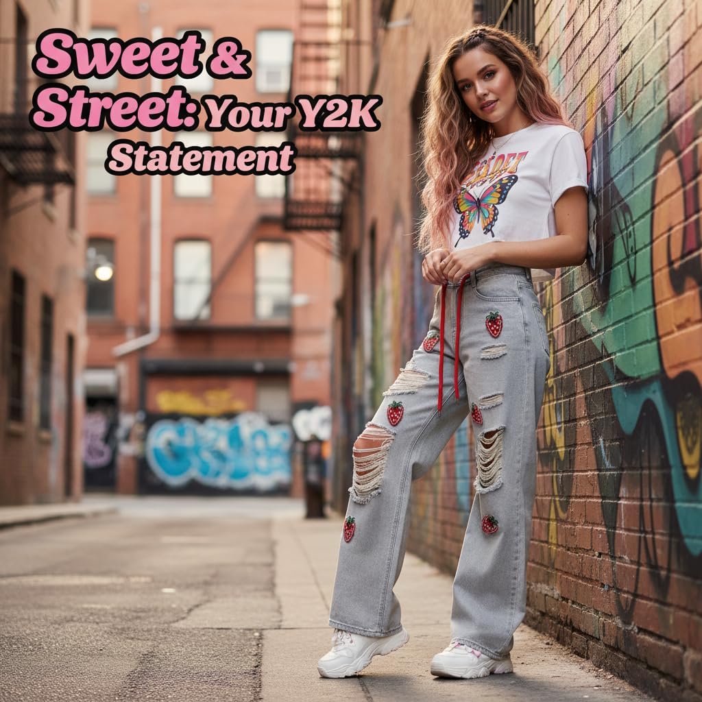 Loizziuy Women's Y2K Strawberry Embroidered Ripped Jeans, High Waisted Wide Leg Distressed Denim Pants, Cute Baggy Streetwear