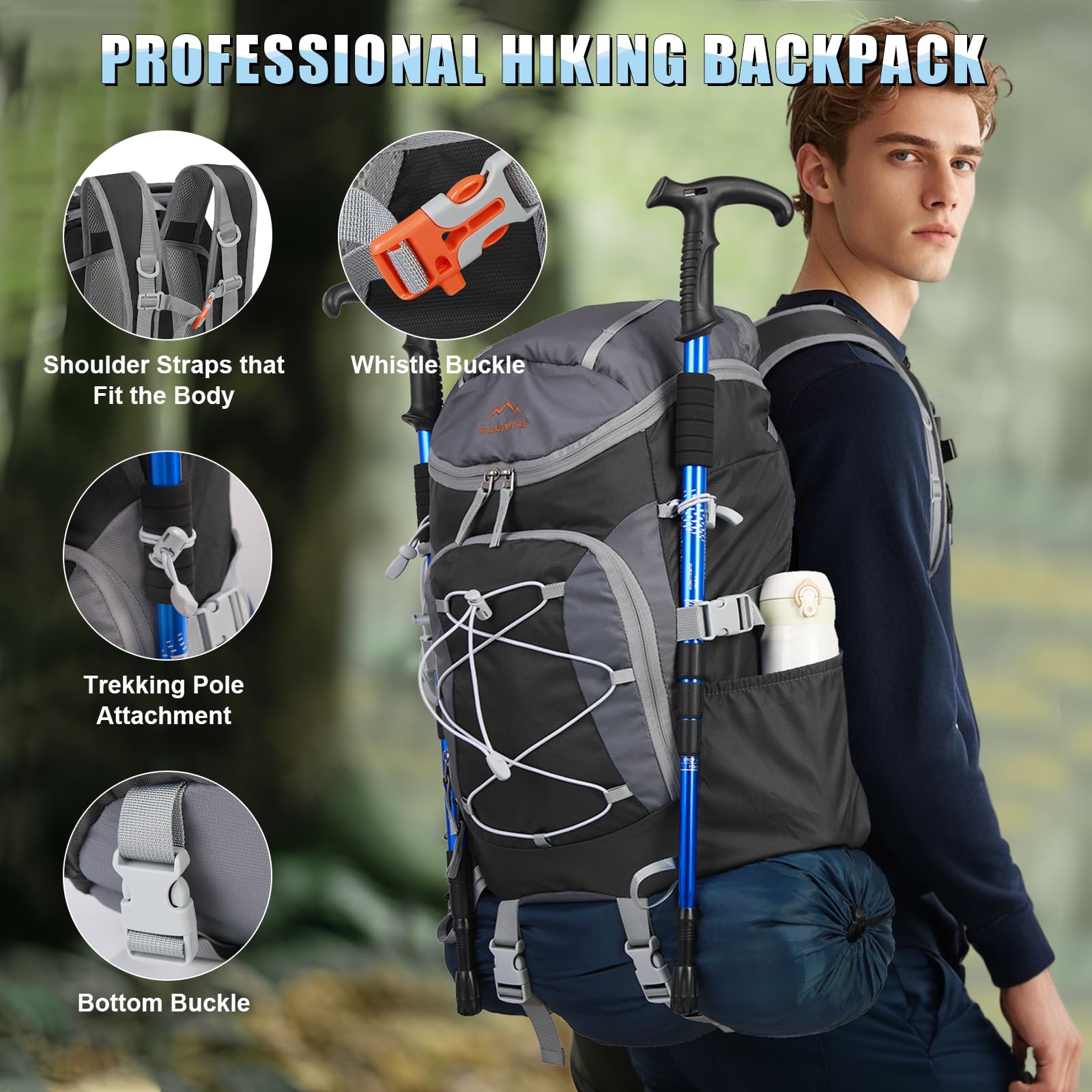 RAINSMORE Plecak turystyczny 40 l, składany, lekki plecak dla mężczyzn z wentylowanym panelem tylnym, wodoodporny plecak podróżny, plecak na spacery, kemping, trekking, jazdę na rowerze na świeżym