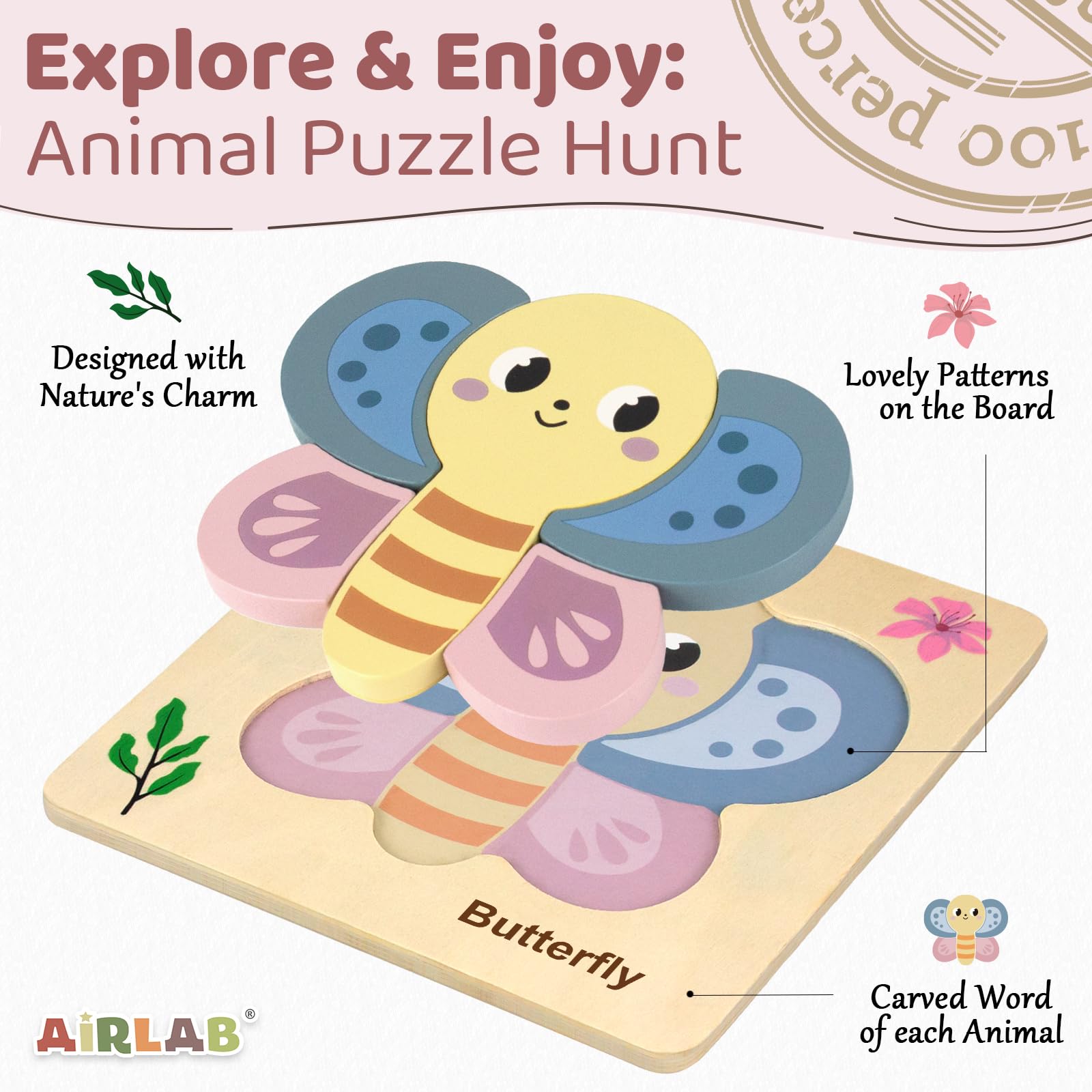 Airlab Puzzles Bois Bébé 1-4 Ans, Casse-têtes Jardin 3D avec Cadre et Sac, Jouet Éducatif Montessori