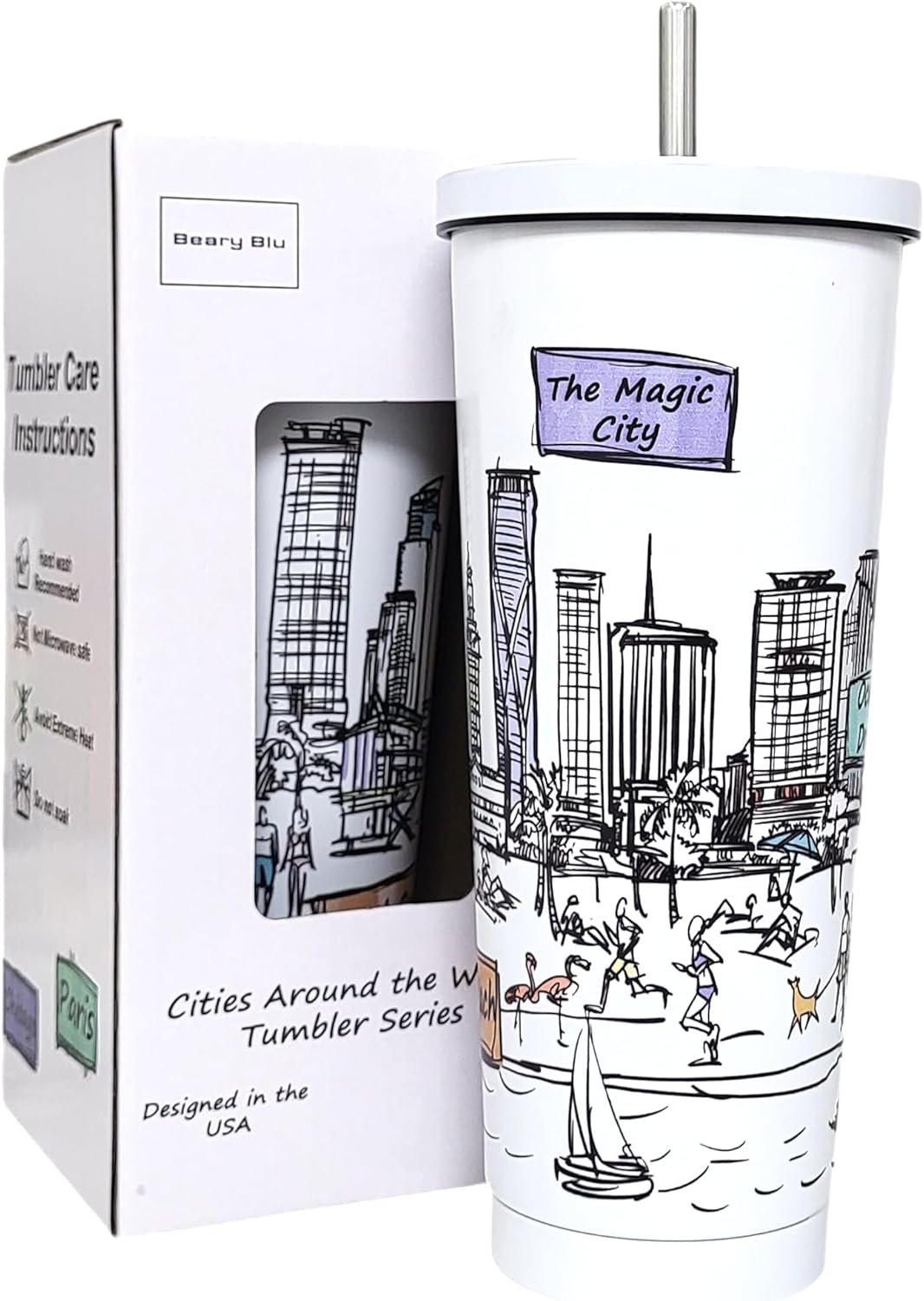 Cities Around the World 25 Oz Tumbler Series- Designed in the USA- Vacuum Insulated Tumbler with Lids Straw - Stainless Steel Coffee Water Travel Mug, Cup for Hot Cold Drink (Miami)