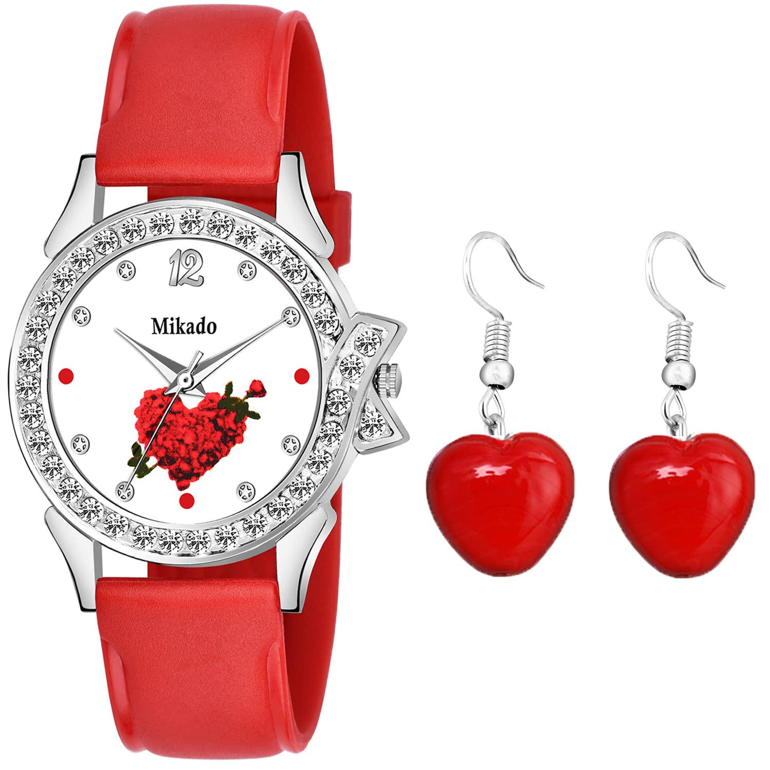Mikado Style Red Analog Wrist Watch with Earrings for Women (B09ZSNC35G) Amazon Price History, Amazon Price Tracker