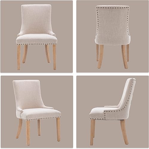 Miniatura 5 de KCC Juego de 2 sillas de comedor de tela tapizadas con patas de madera maciza, silla sin brazos de estilo moderno con ribete de cabeza de clavo para