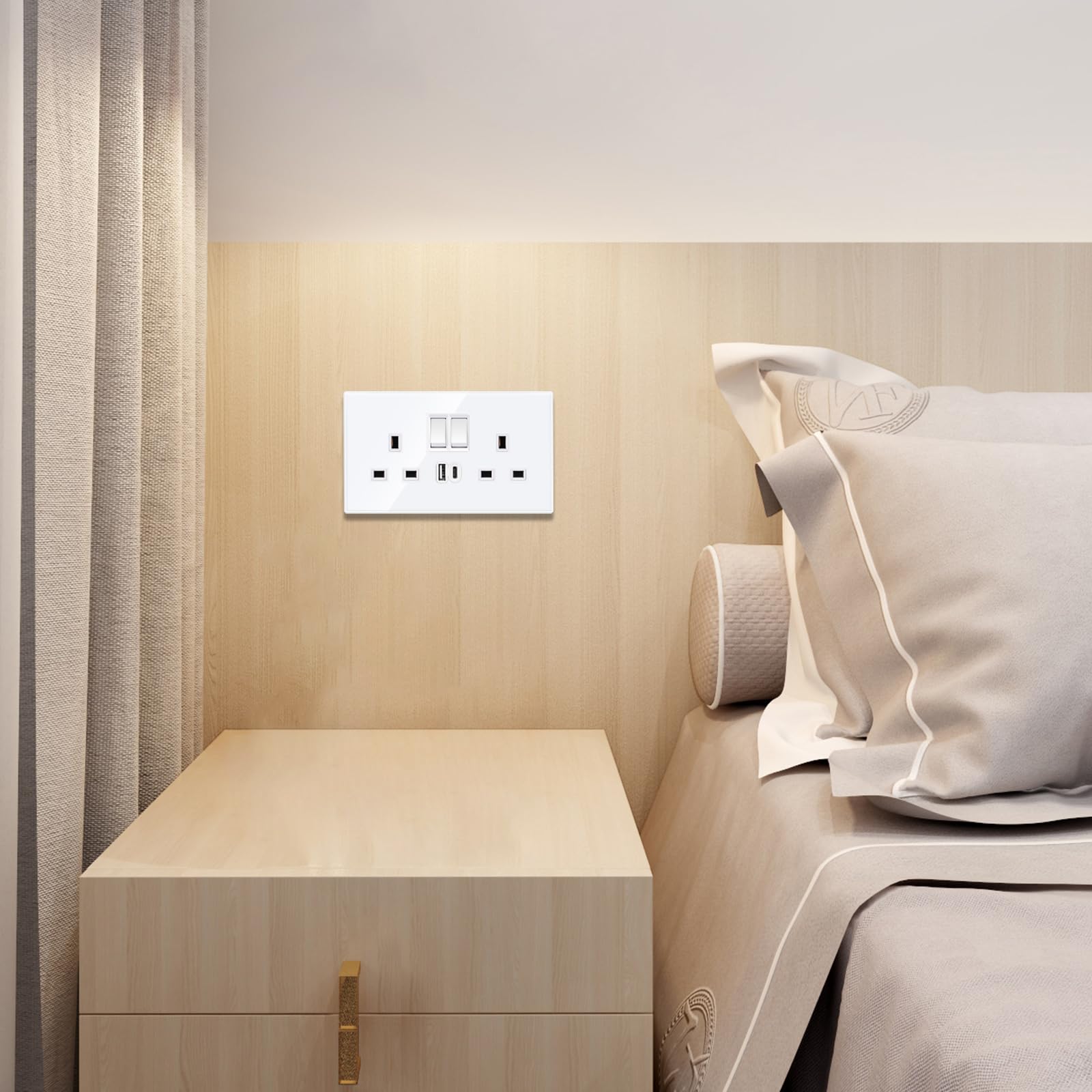 JIMEIDA 2 Pack Double Switched Socket White 20W Fast Charging 13 Amp with USB A and Type C Charging Ports Crystal Glass Panel Wall Outlet - Image 4