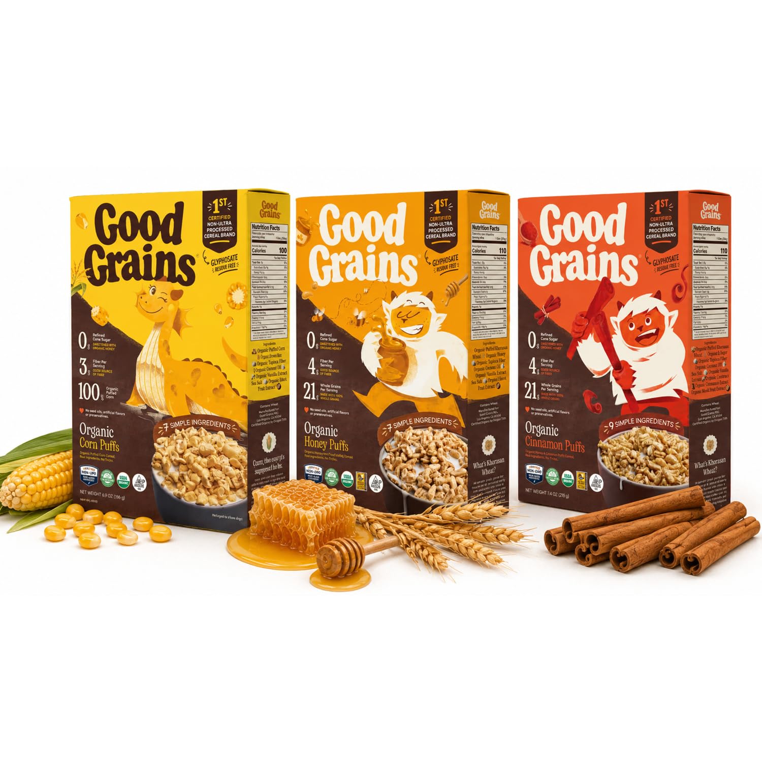 Good Grains Organic Puffs Cereal Variety Pack 3 Pack - Honey, Cinnamon & Corn, No Refined Sugar, Glyphosate Residue Free, Good Source of Fiber, Whole & Ancient Grain Puffed Cereal
