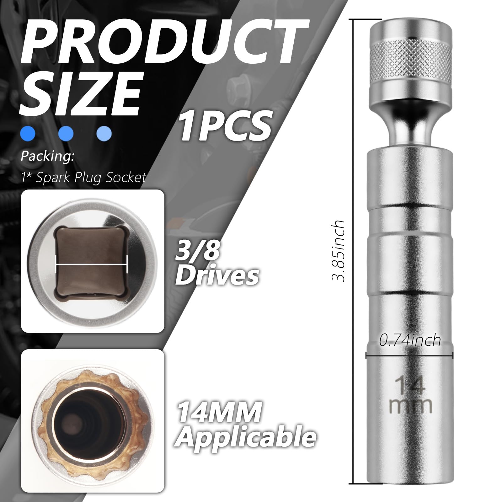 14mm Spark Plug Socket,360° Swivel Joint Magnetic Spark Plug Socket,Thin Walled Spark Plug Removal Tool with 12 Point&3/8