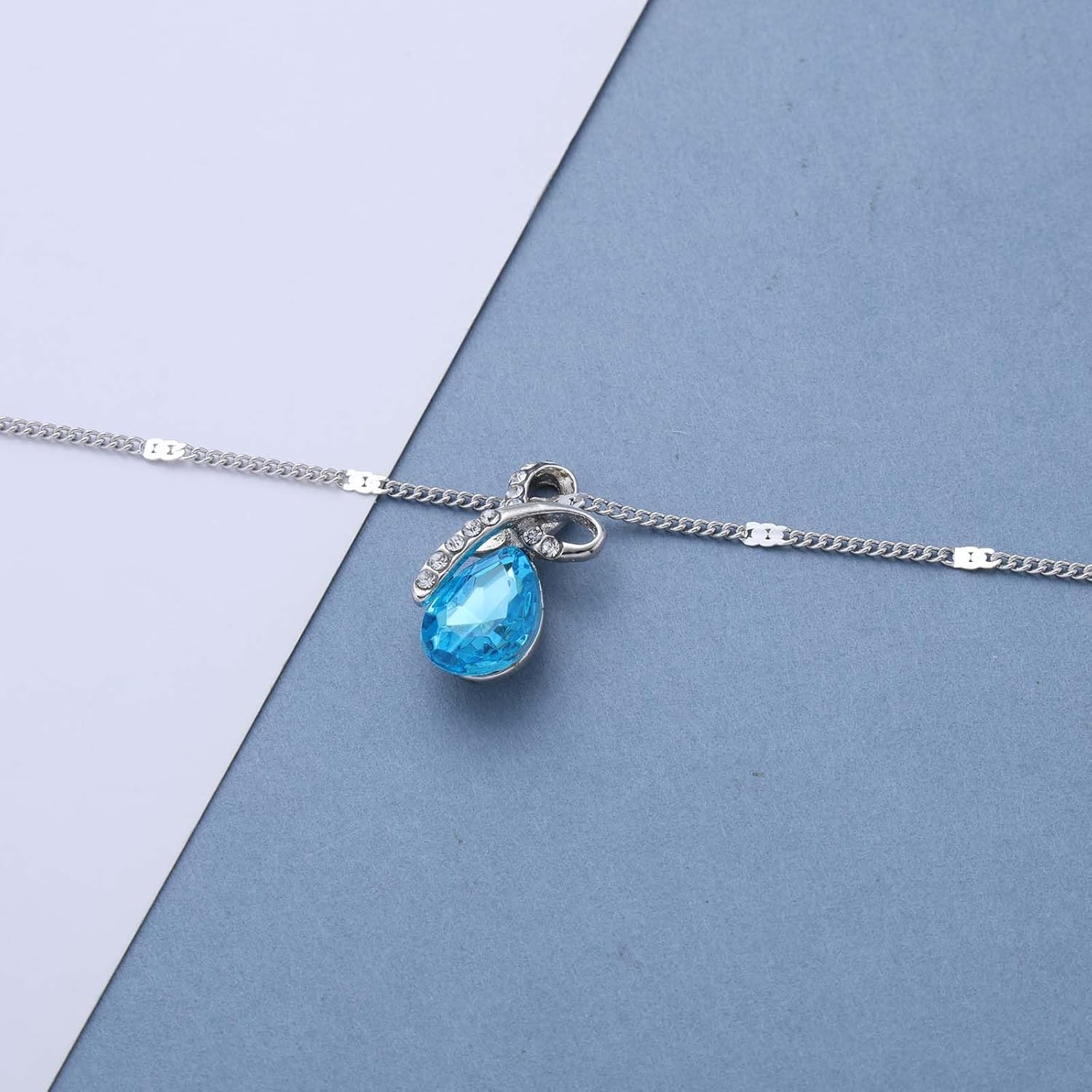 Boho Sapphire Crystal Teardrop Necklace Choker Wedding Blue Gemstone Rhinestone Pendant Necklace Minimalist CZ Waterdrop Infinity Thin Chain Necklaces Jewelry for Women - Image 5