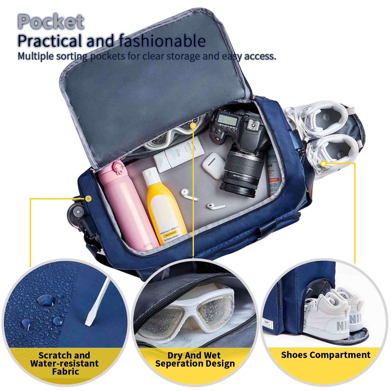 FIORETTO Womens Mens Sports Gym Bag Duffle Bag with Shoes Compartment - Image 3