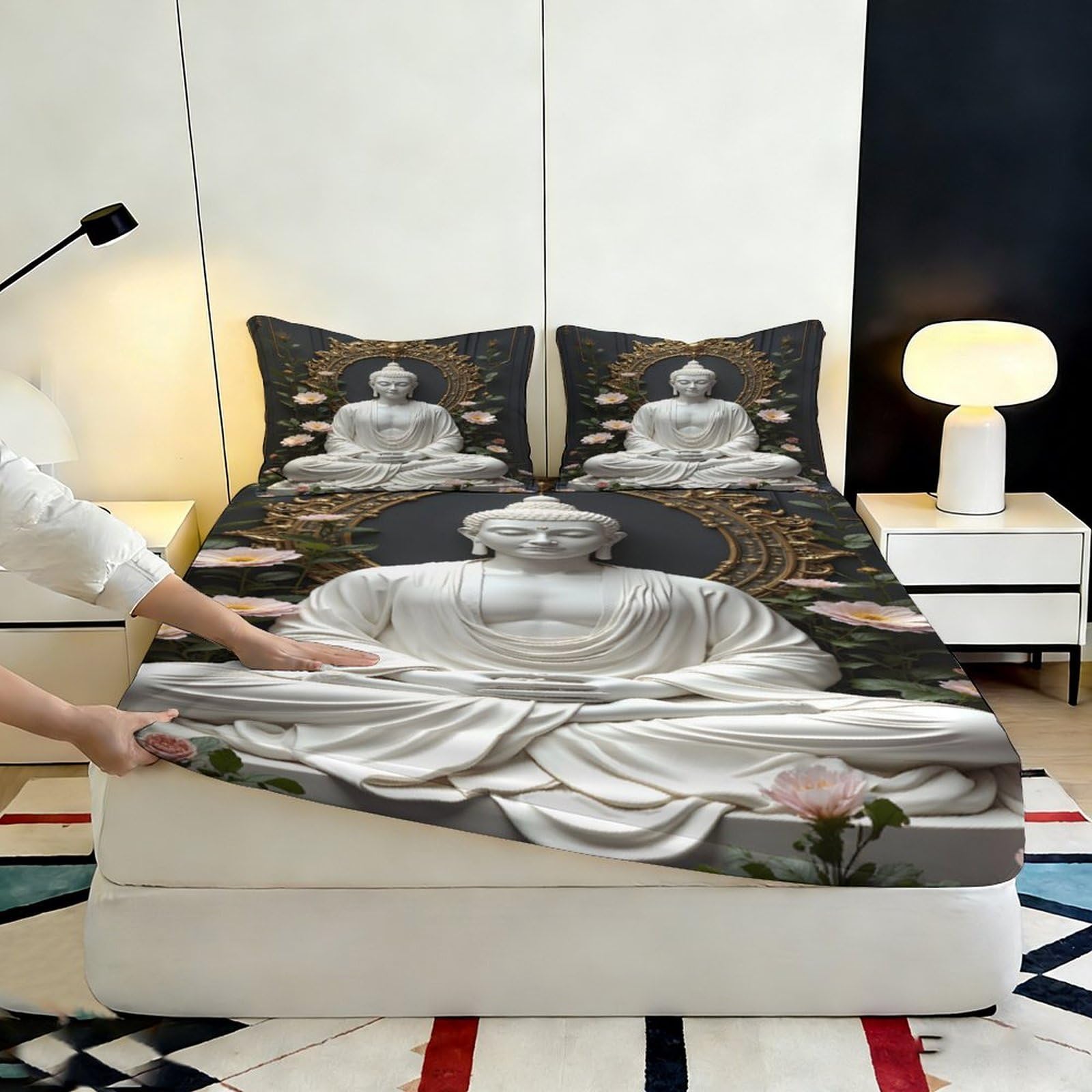 Lenzuolo con angoli elasticizzati con stampa 3D Buddha, in microfibra, antiscivolo, per la casa